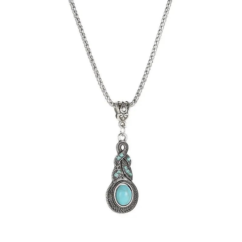 Blue Rhinestone Inlaid Turquoise Drop Earrings and Necklace Set - Doylestreasures