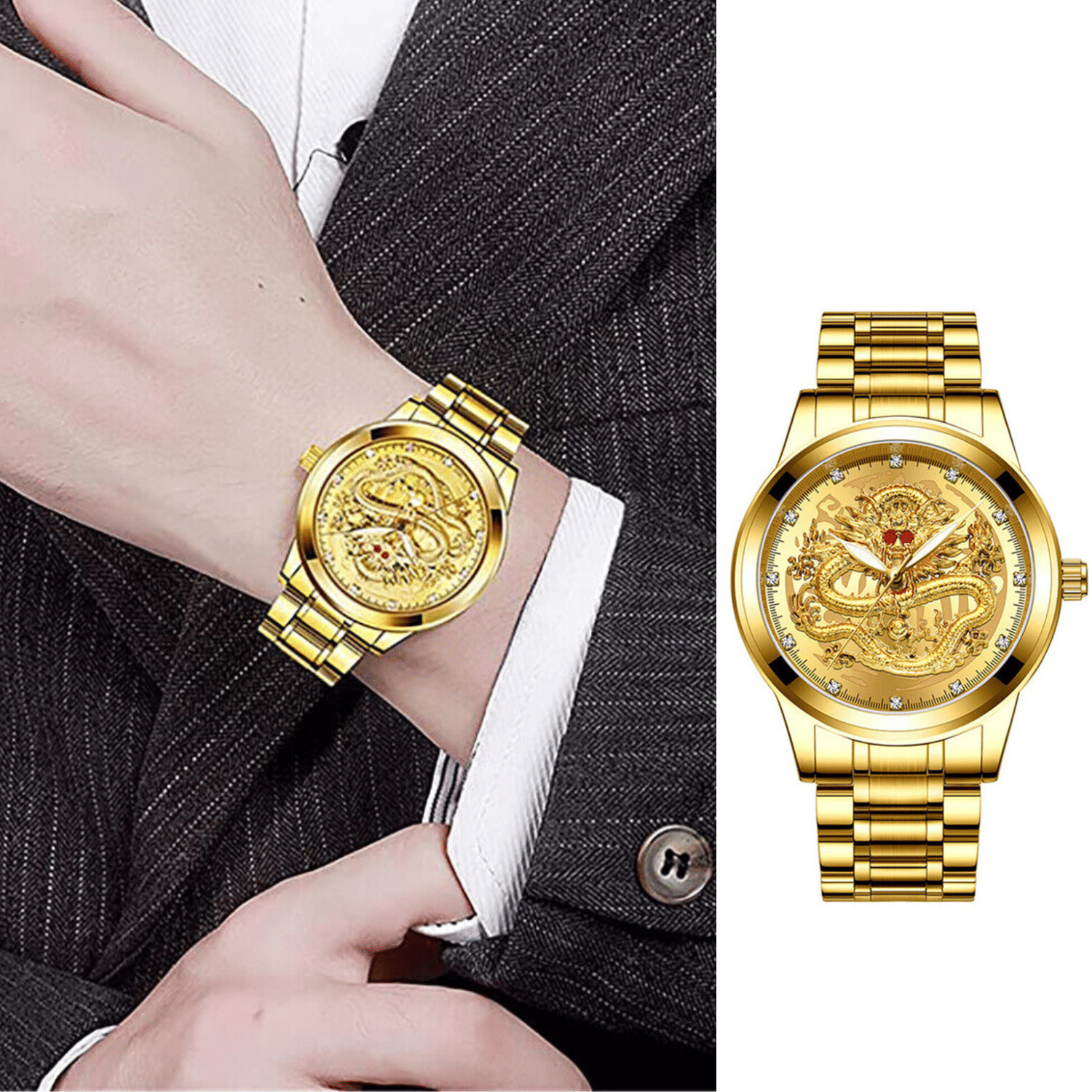 Business Gift Waterproof Gold Men's Diamond Quartz Watch Classic Stainless Steel - Doylestreasures