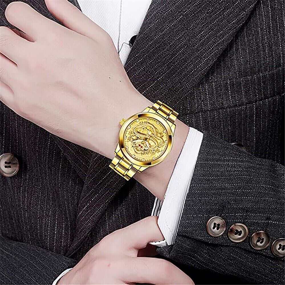 Business Gift Waterproof Gold Men's Diamond Quartz Watch Classic Stainless Steel - Doylestreasures