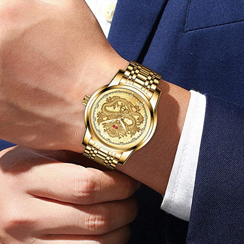 Business Gift Waterproof Gold Men's Diamond Quartz Watch Classic Stainless Steel - Doylestreasures