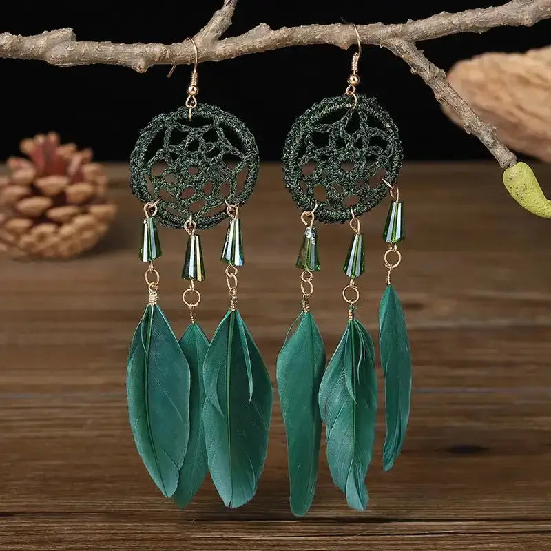 Dreamcatcher Shape Pendant Earrings with Feather Tassel Hook Earrings - Doylestreasures