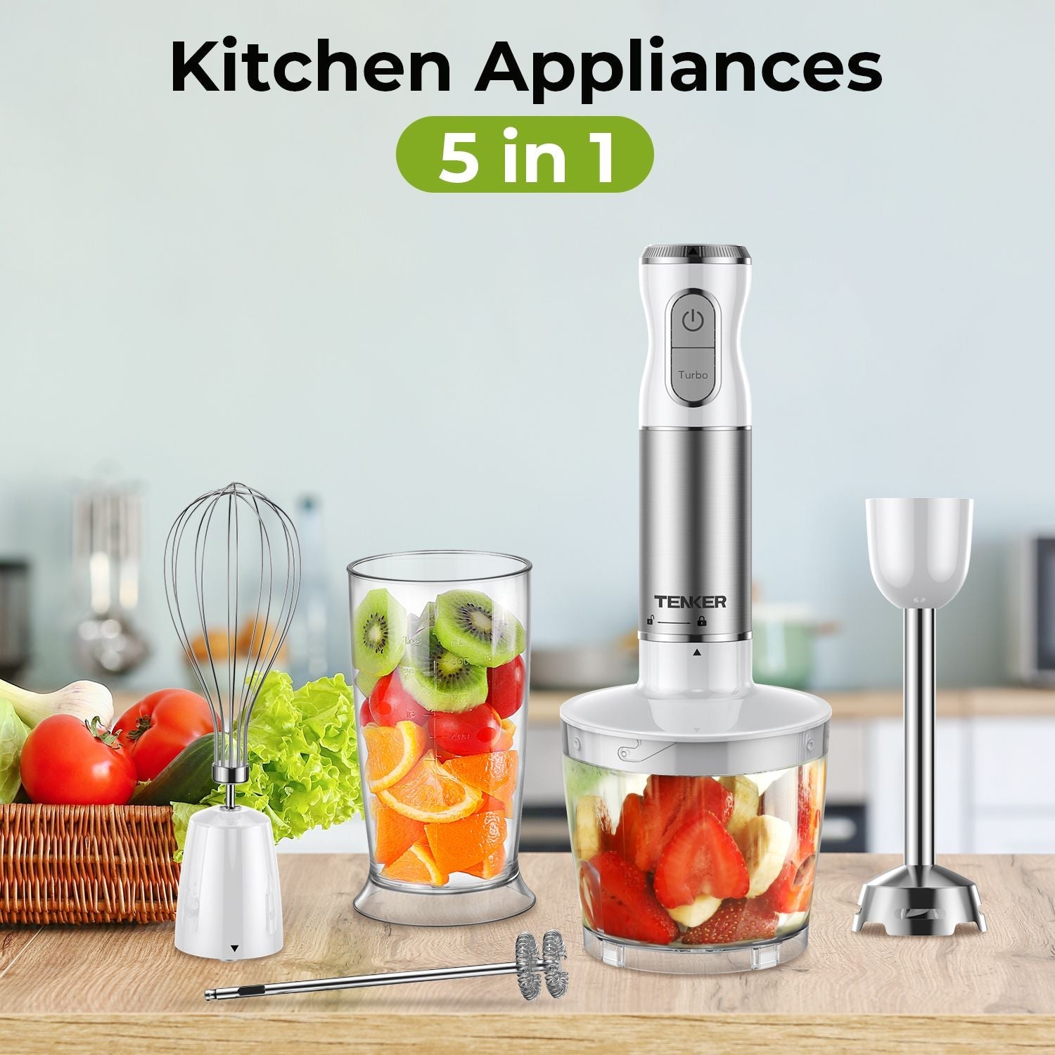HB - 2016A Hand Blender 5 in 1 white Immersion Blender Set, 30 - Speed Hand Stick Blender with 600ml Beaker, 500ml Food Processor, Egg Whisk, Milk Frother, White,TENKER - Doylestreasures