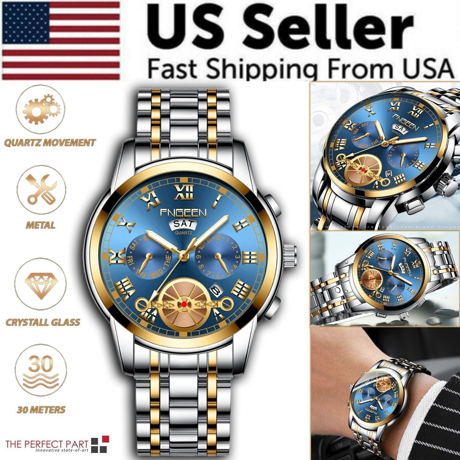 Men's Watch Relojes De Hombre Stainless Steel Quartz Classic Waterproof FNGEEN - Doylestreasures