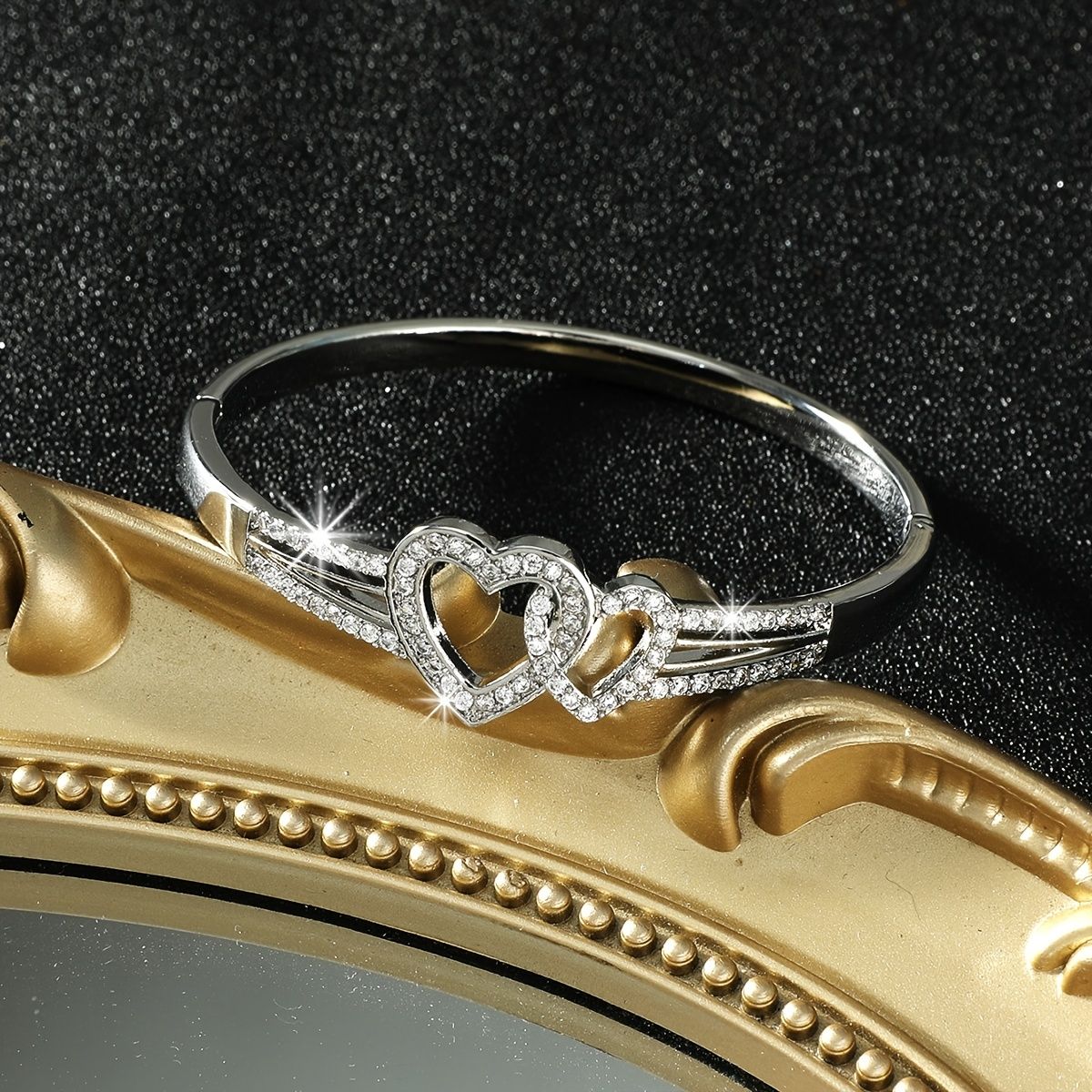 Romantic Cuff Bangle Bracelet Double Hollow Heart Shape With Full Of Shiny Zircon Bangle Bracelet For Women & Girls Valentine's Day Present - Doylestreasures