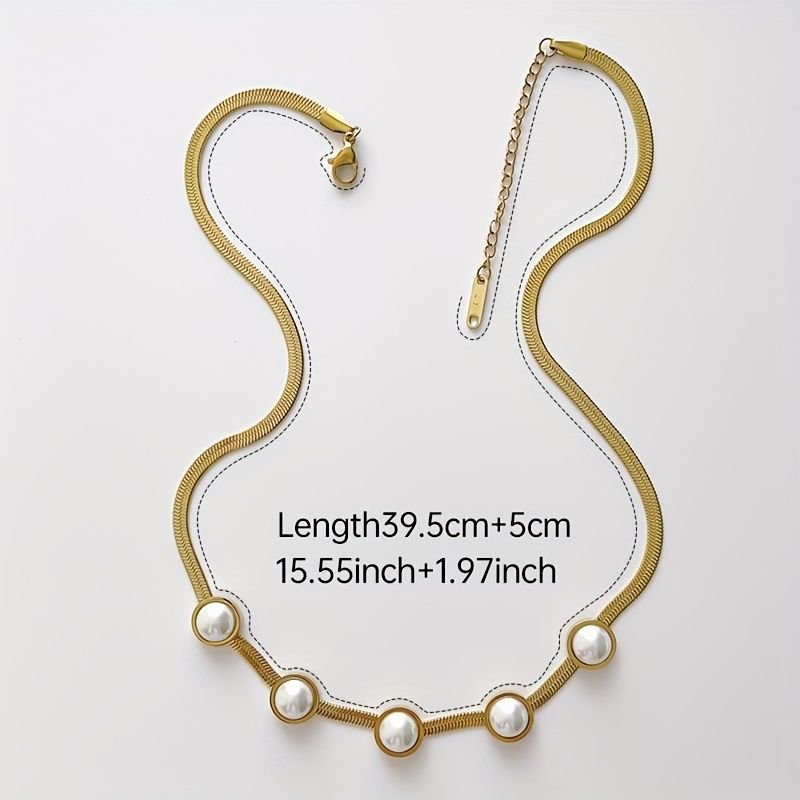 Titanium Steel Necklace Snake Chain With White Freshwater Pearl 18K Gold Plated Jewelry - Doylestreasures