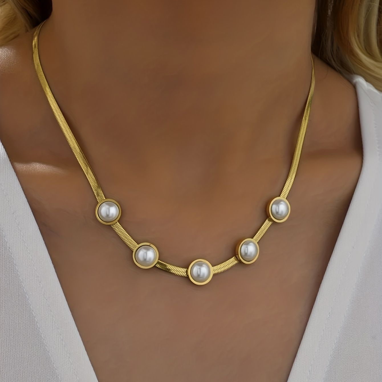 Titanium Steel Necklace Snake Chain With White Freshwater Pearl 18K Gold Plated Jewelry - Doylestreasures