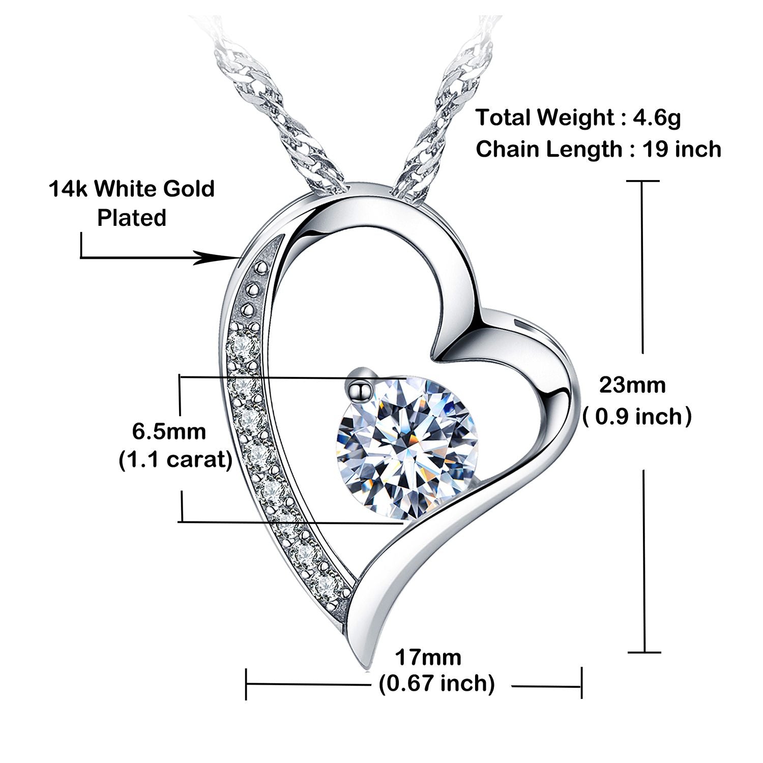 14k White Gold Filled 1.1carat Cubic Zirconia Forever Lover Heart Pendant Necklace - Doylestreasures