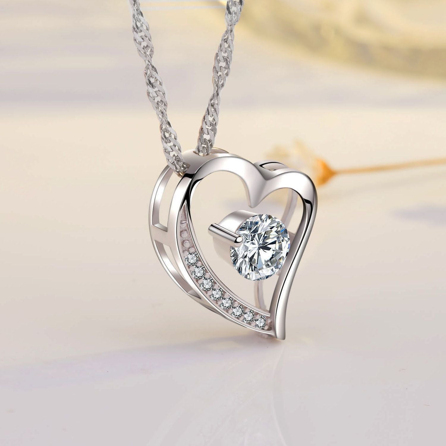 14k White Gold Filled 1.1carat Cubic Zirconia Forever Lover Heart Pendant Necklace - Doylestreasures