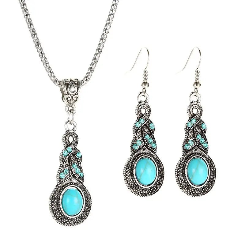 Blue Rhinestone Inlaid Turquoise Drop Earrings and Necklace Set - Doylestreasures