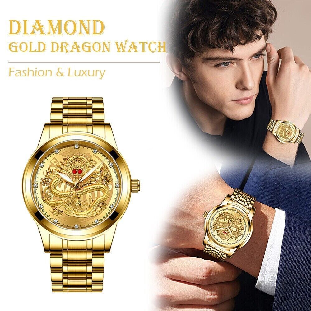 Business Gift Waterproof Gold Men's Diamond Quartz Watch Classic Stainless Steel - Doylestreasures