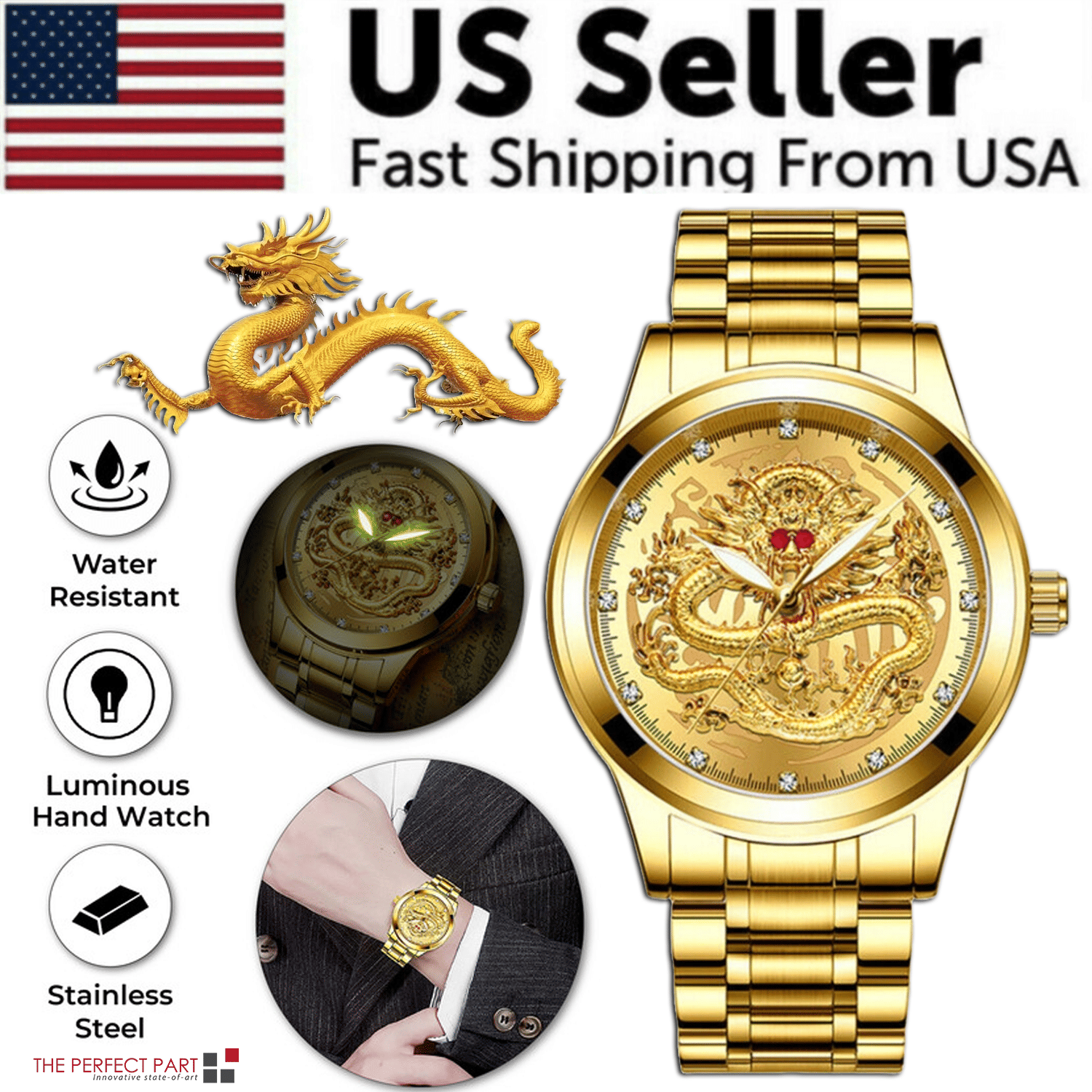 Business Gift Waterproof Gold Men's Diamond Quartz Watch Classic Stainless Steel - Doylestreasures