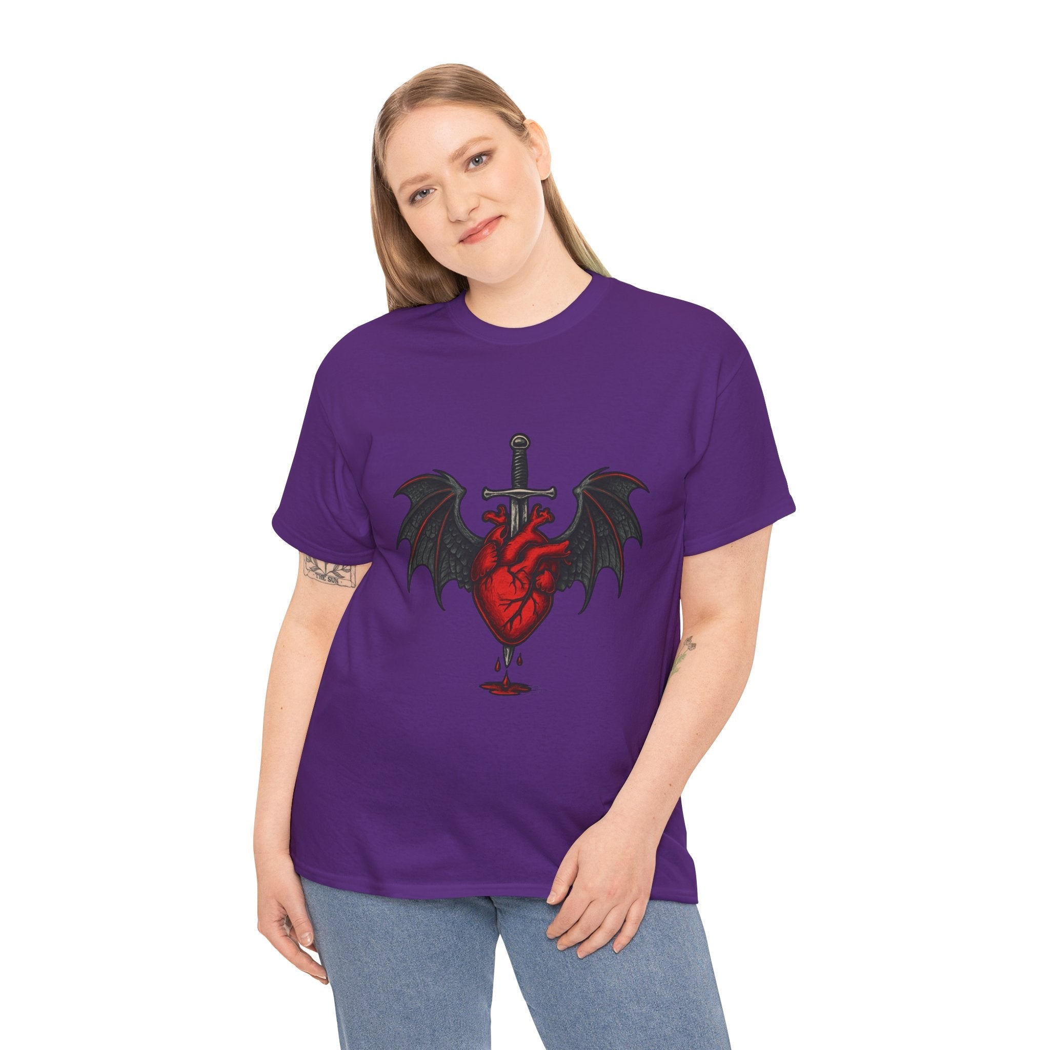 Dragon Heart and Sword Graphic Tee, Unisex Heavy Cotton Tee, Gothic T-Shirt, Alternative Fashion, Gift for Him/Her/Teens - Doylestreasures