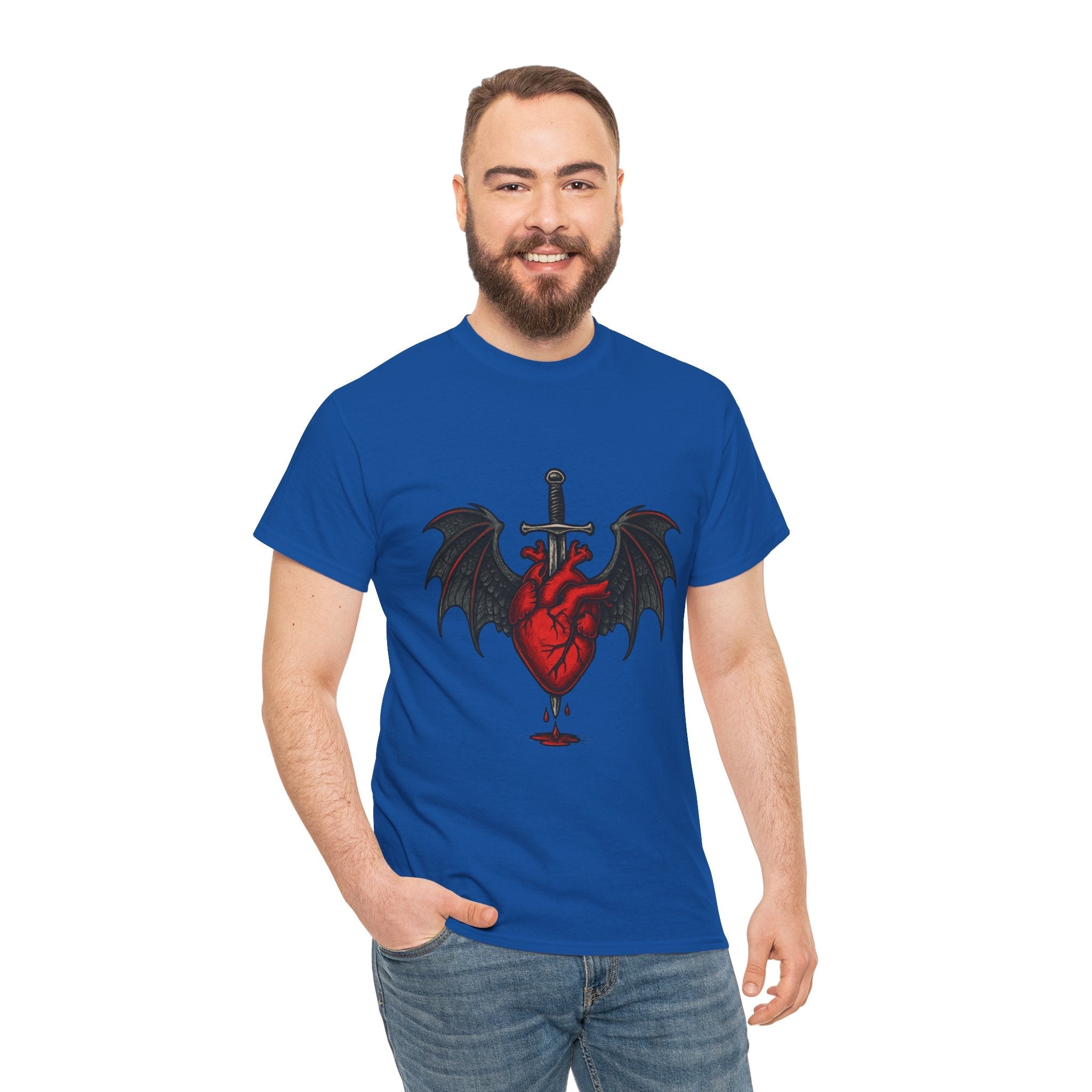 Dragon Heart and Sword Graphic Tee, Unisex Heavy Cotton Tee, Gothic T-Shirt, Alternative Fashion, Gift for Him/Her/Teens - Doylestreasures