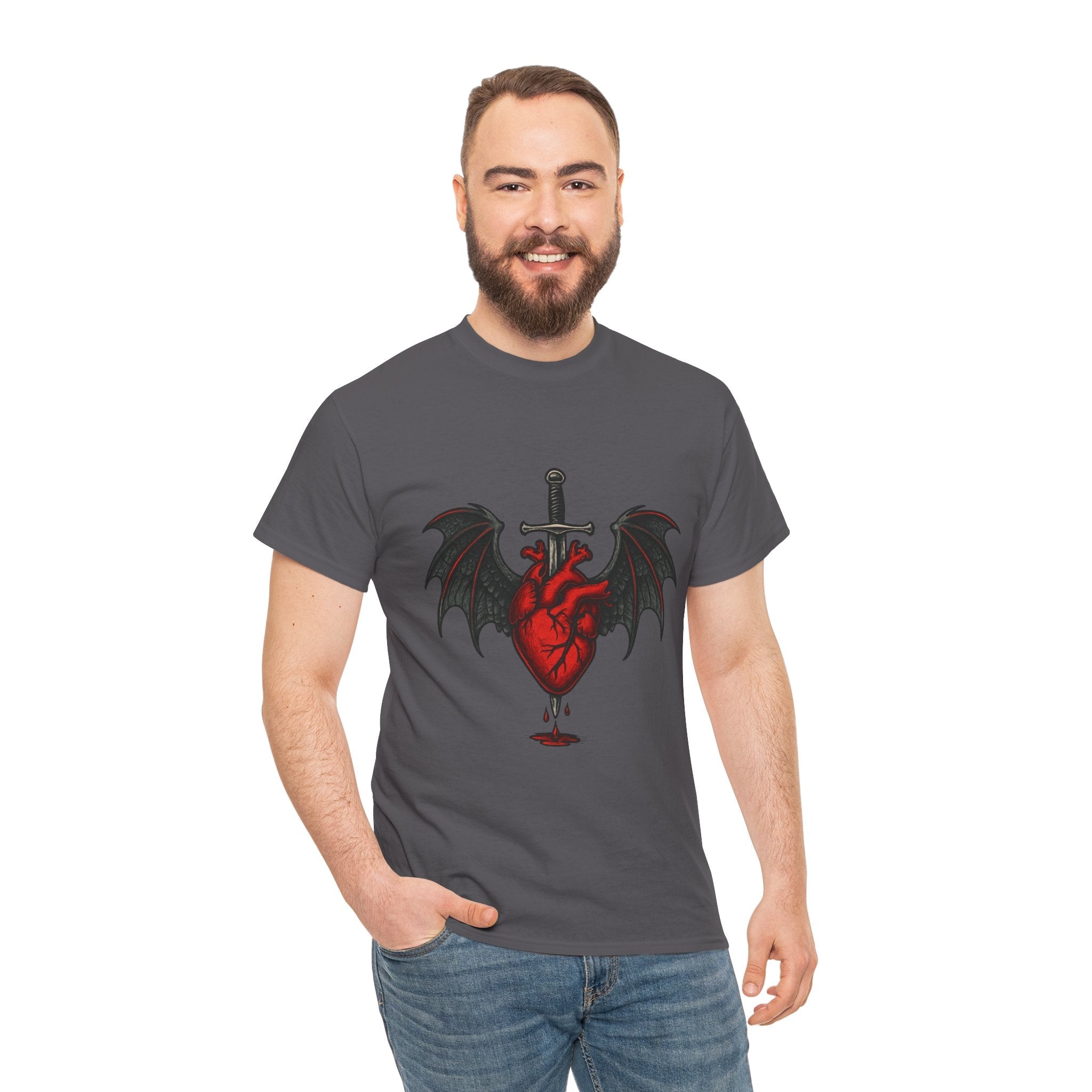 Dragon Heart and Sword Graphic Tee, Unisex Heavy Cotton Tee, Gothic T-Shirt, Alternative Fashion, Gift for Him/Her/Teens - Doylestreasures