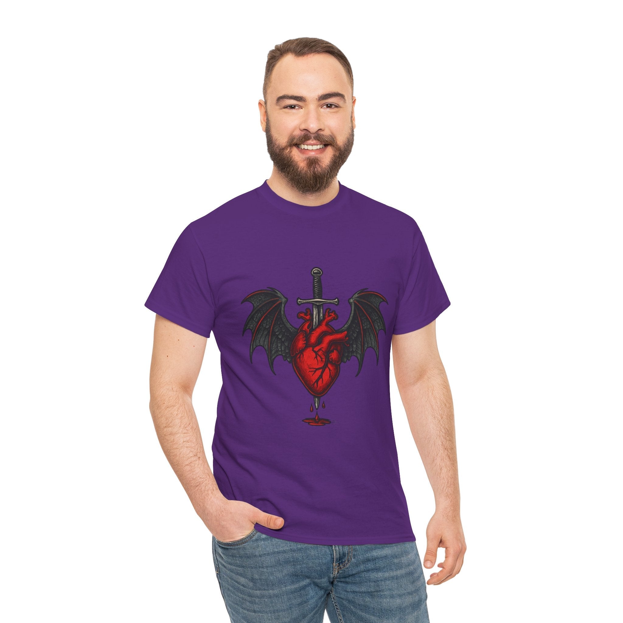 Dragon Heart and Sword Graphic Tee, Unisex Heavy Cotton Tee, Gothic T-Shirt, Alternative Fashion, Gift for Him/Her/Teens - Doylestreasures