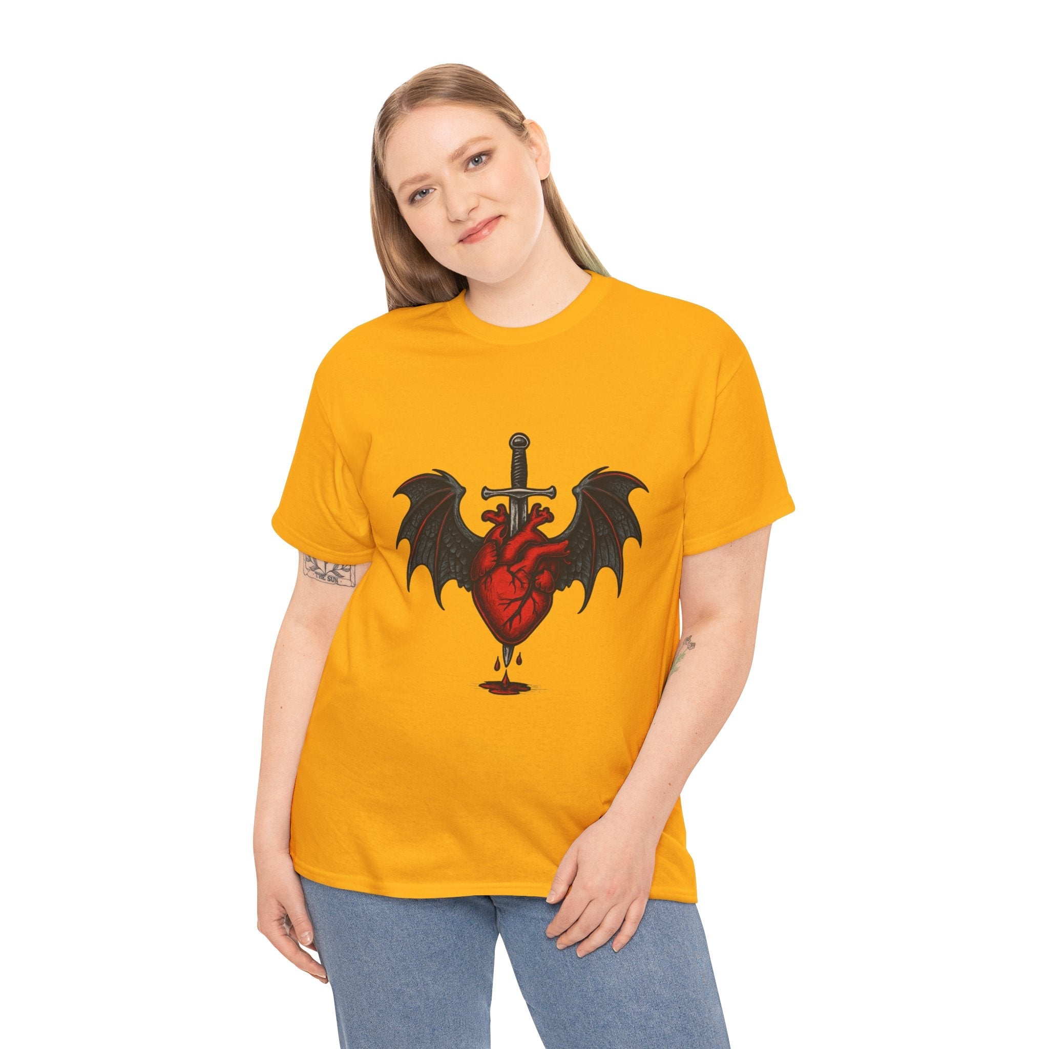 Dragon Heart and Sword Graphic Tee, Unisex Heavy Cotton Tee, Gothic T-Shirt, Alternative Fashion, Gift for Him/Her/Teens - Doylestreasures