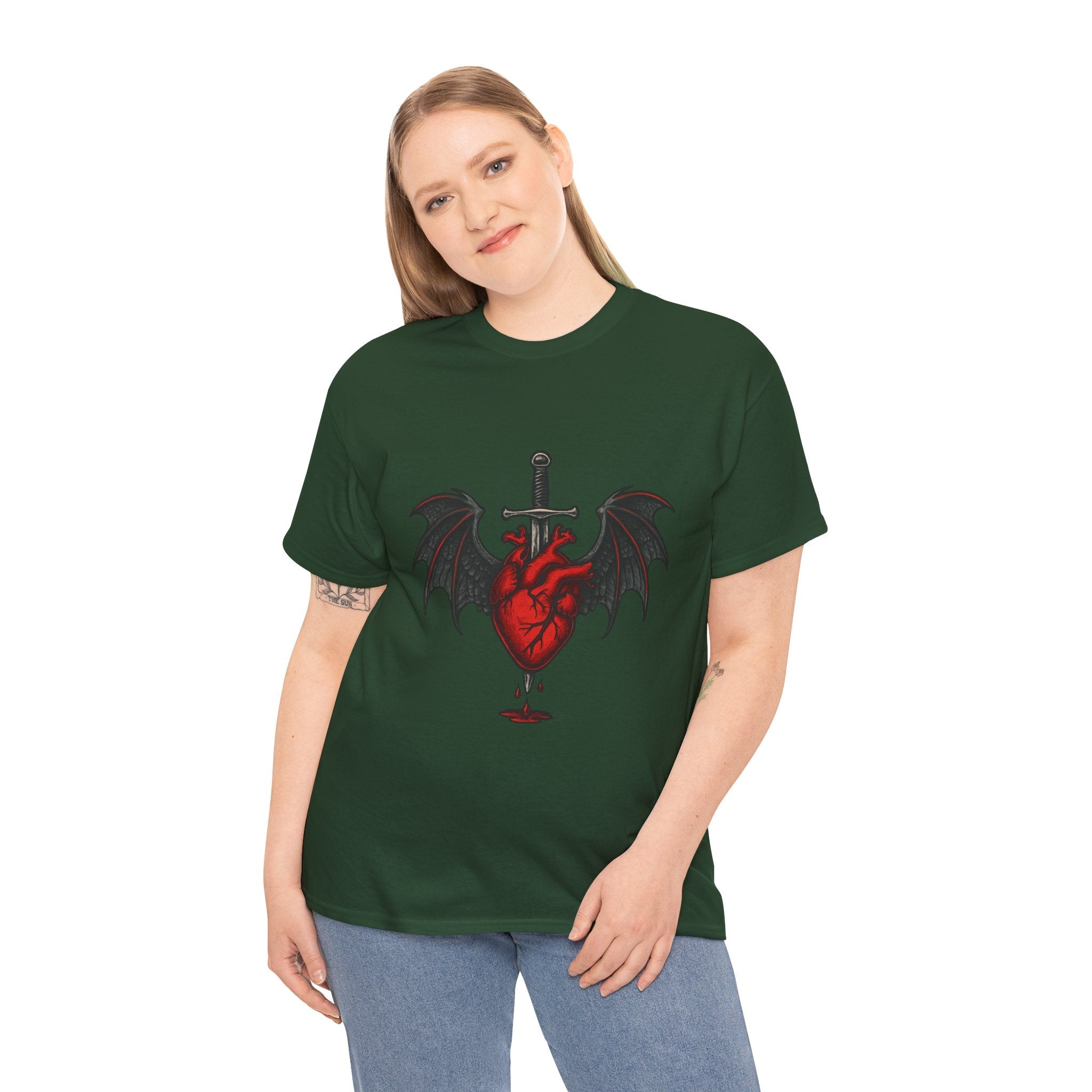 Dragon Heart and Sword Graphic Tee, Unisex Heavy Cotton Tee, Gothic T-Shirt, Alternative Fashion, Gift for Him/Her/Teens - Doylestreasures