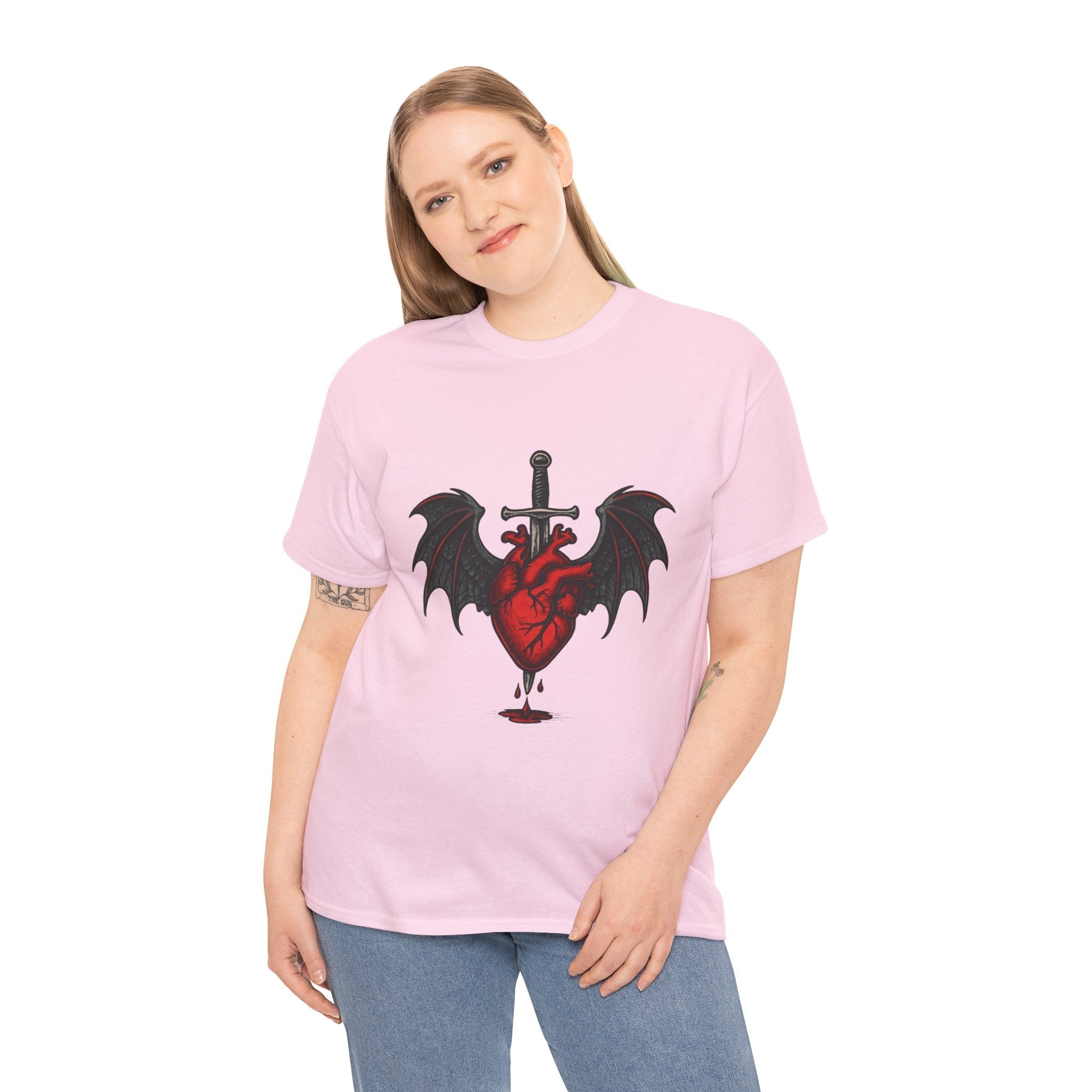 Dragon Heart and Sword Graphic Tee, Unisex Heavy Cotton Tee, Gothic T-Shirt, Alternative Fashion, Gift for Him/Her/Teens - Doylestreasures