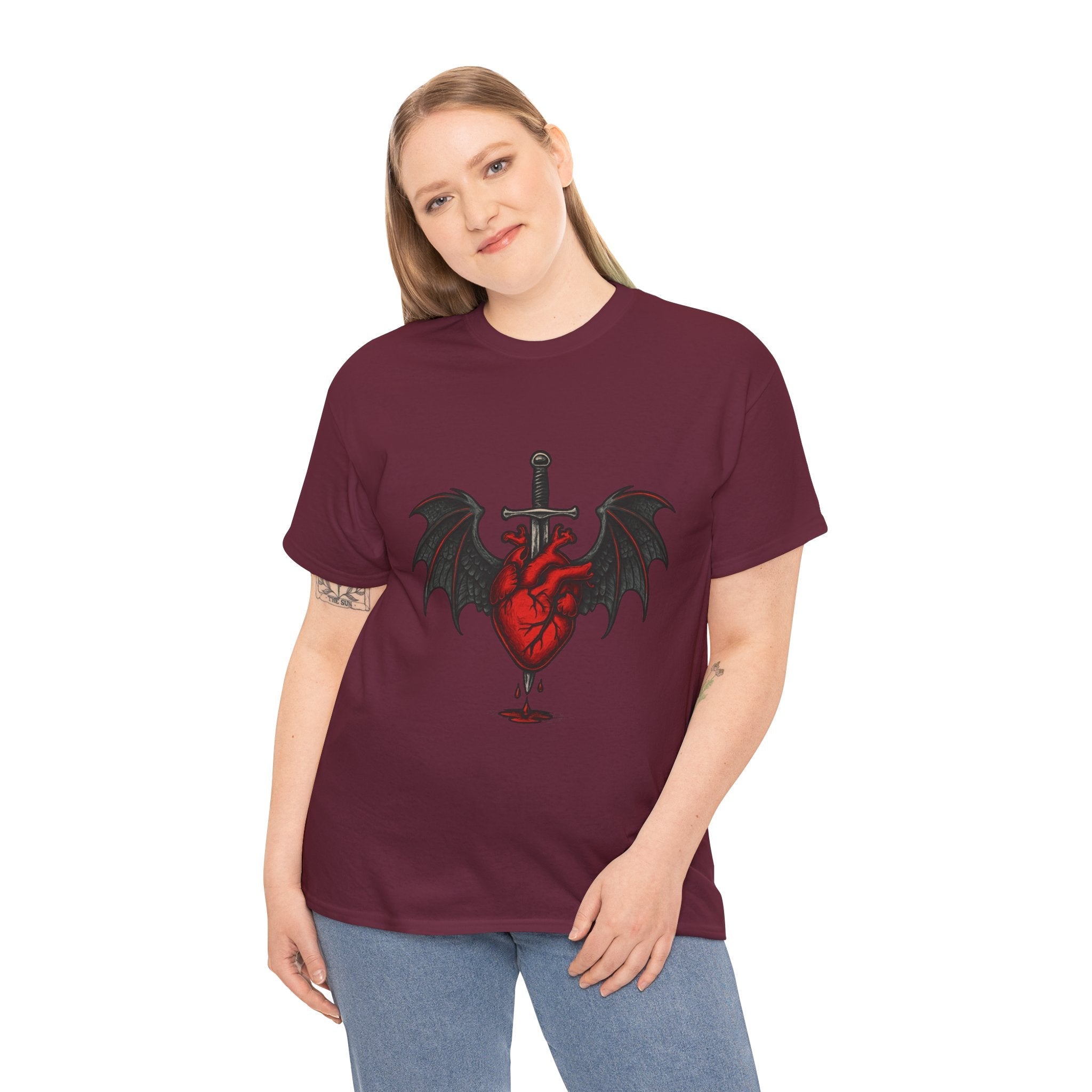 Dragon Heart and Sword Graphic Tee, Unisex Heavy Cotton Tee, Gothic T-Shirt, Alternative Fashion, Gift for Him/Her/Teens - Doylestreasures