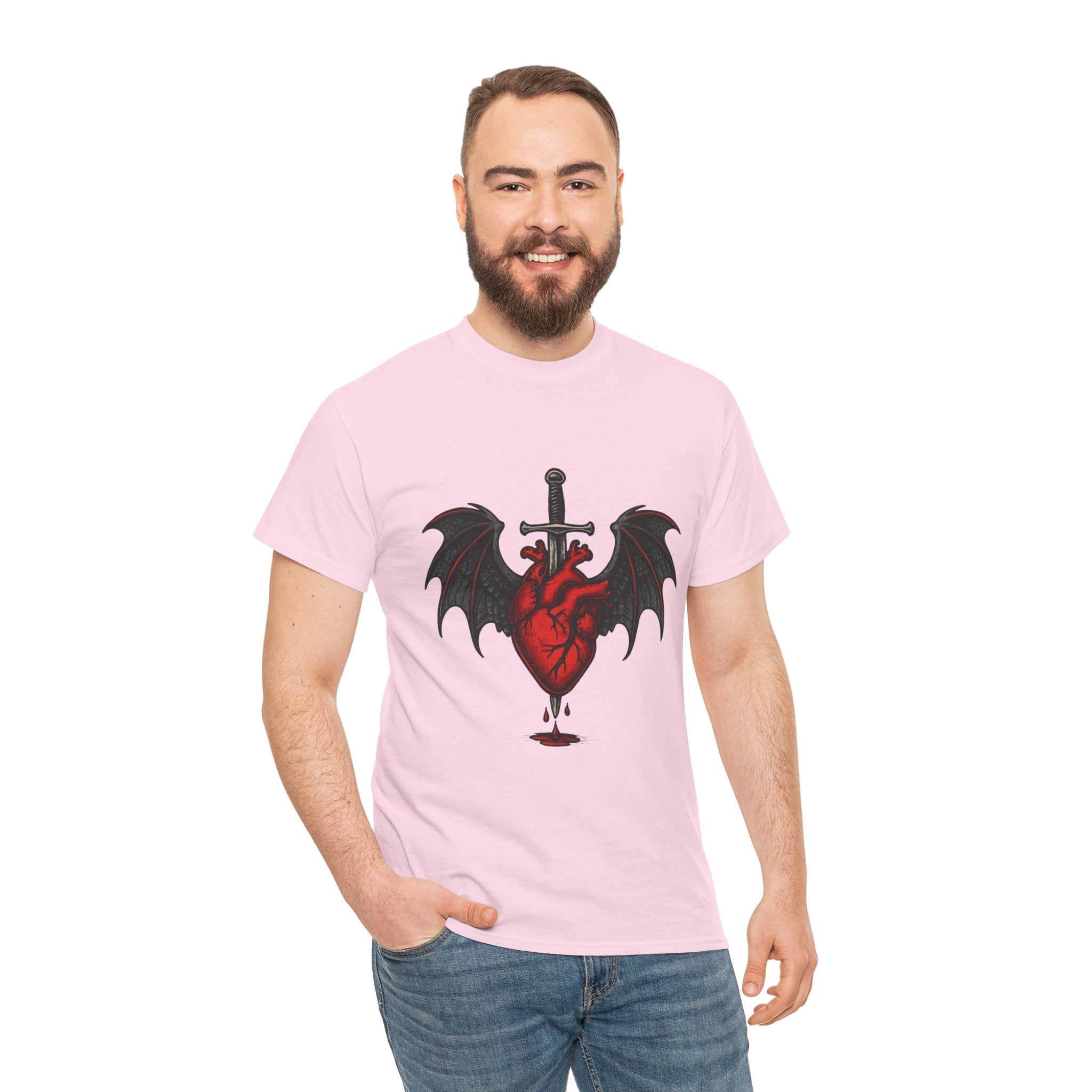Dragon Heart and Sword Graphic Tee, Unisex Heavy Cotton Tee, Gothic T-Shirt, Alternative Fashion, Gift for Him/Her/Teens - Doylestreasures