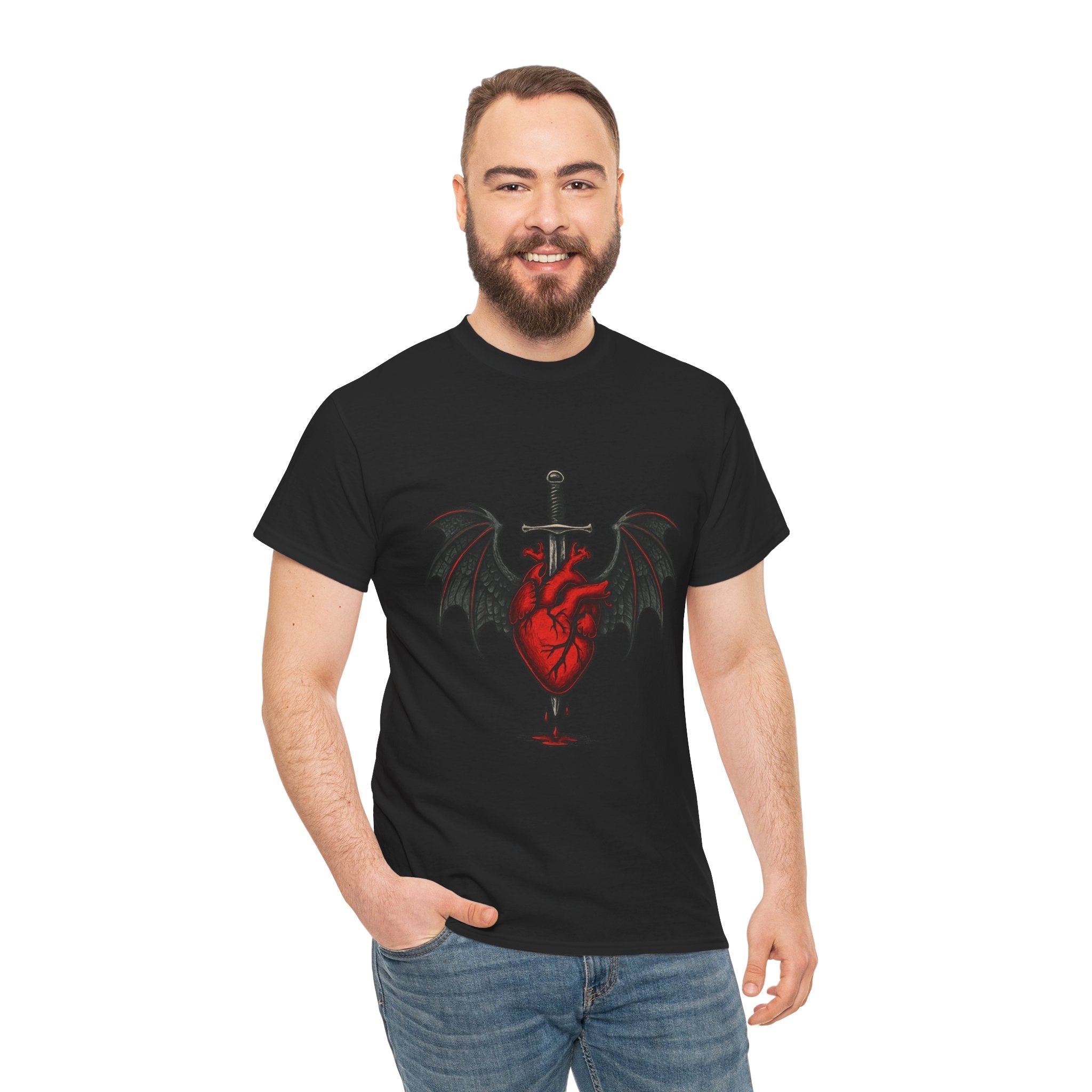 Dragon Heart and Sword Graphic Tee, Unisex Heavy Cotton Tee, Gothic T-Shirt, Alternative Fashion, Gift for Him/Her/Teens - Doylestreasures