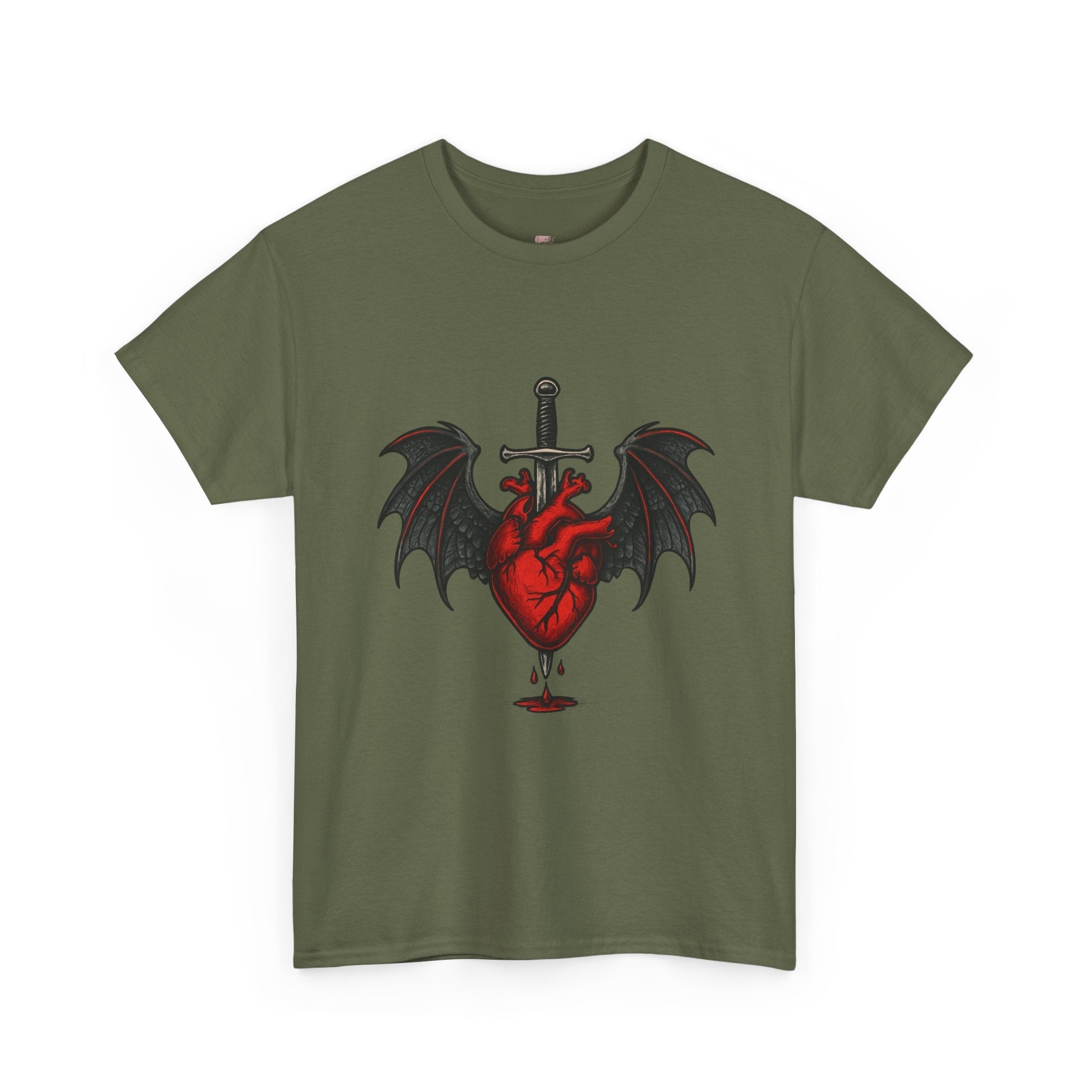 Dragon Heart and Sword Graphic Tee, Unisex Heavy Cotton Tee, Gothic T-Shirt, Alternative Fashion, Gift for Him/Her/Teens - Doylestreasures