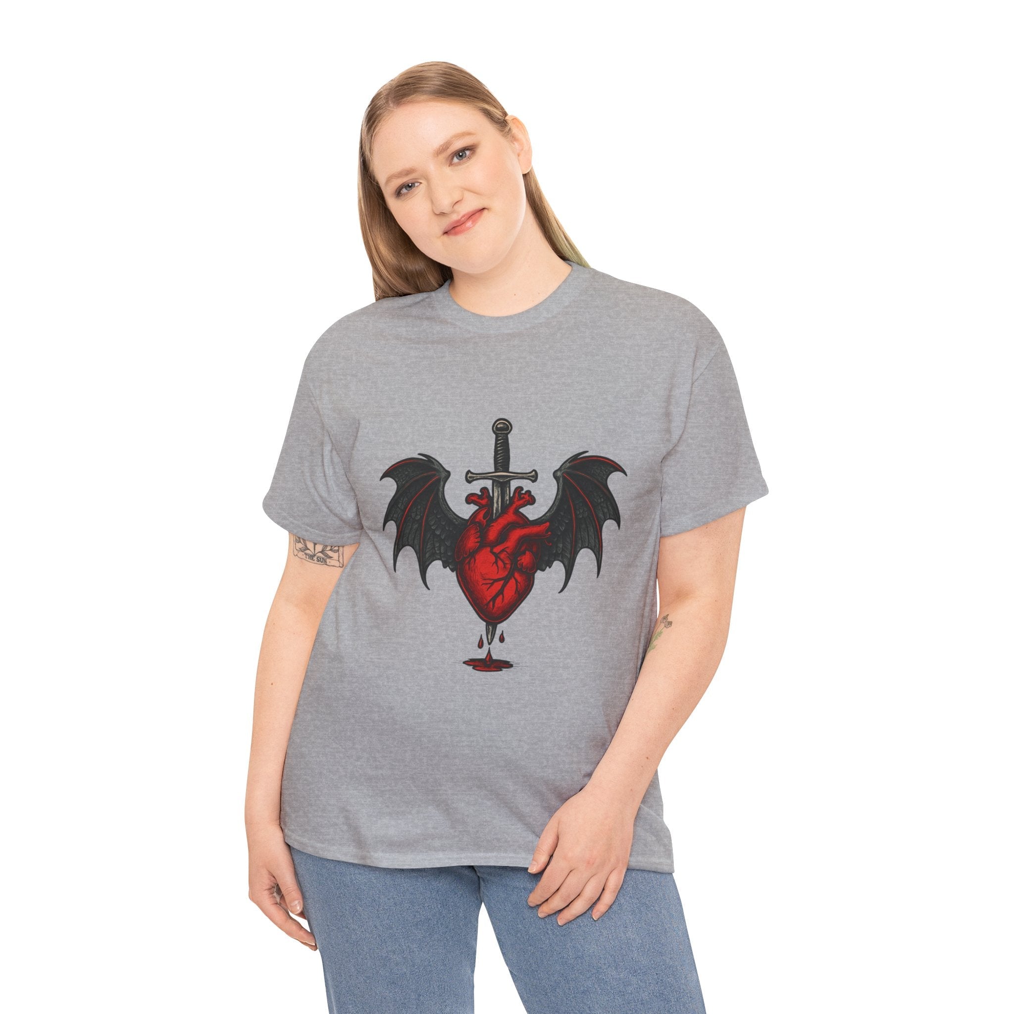 Dragon Heart and Sword Graphic Tee, Unisex Heavy Cotton Tee, Gothic T-Shirt, Alternative Fashion, Gift for Him/Her/Teens - Doylestreasures