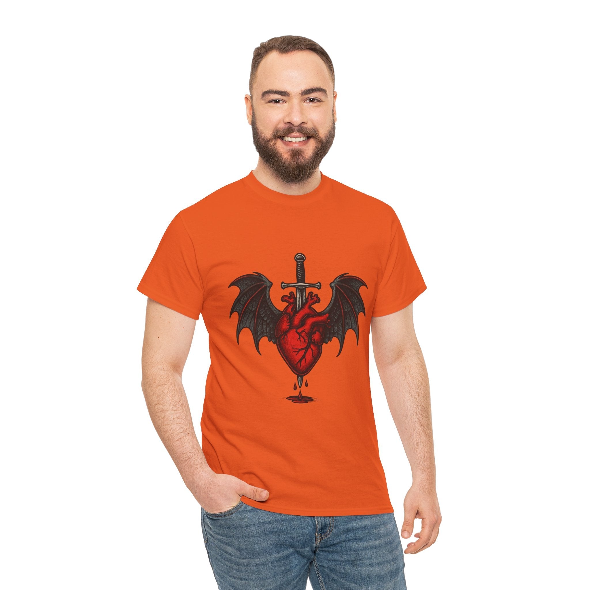 Dragon Heart and Sword Graphic Tee, Unisex Heavy Cotton Tee, Gothic T-Shirt, Alternative Fashion, Gift for Him/Her/Teens - Doylestreasures