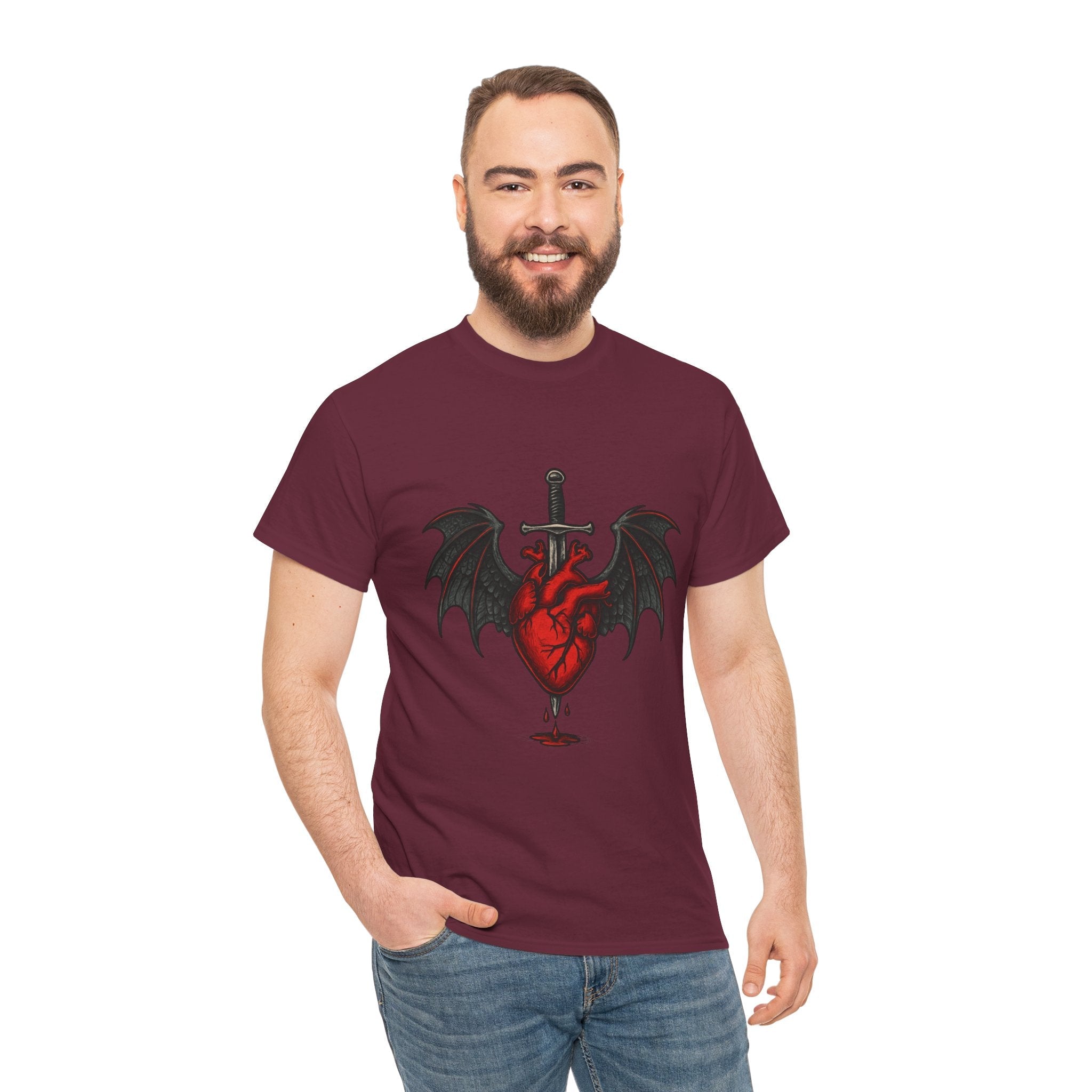 Dragon Heart and Sword Graphic Tee, Unisex Heavy Cotton Tee, Gothic T-Shirt, Alternative Fashion, Gift for Him/Her/Teens - Doylestreasures