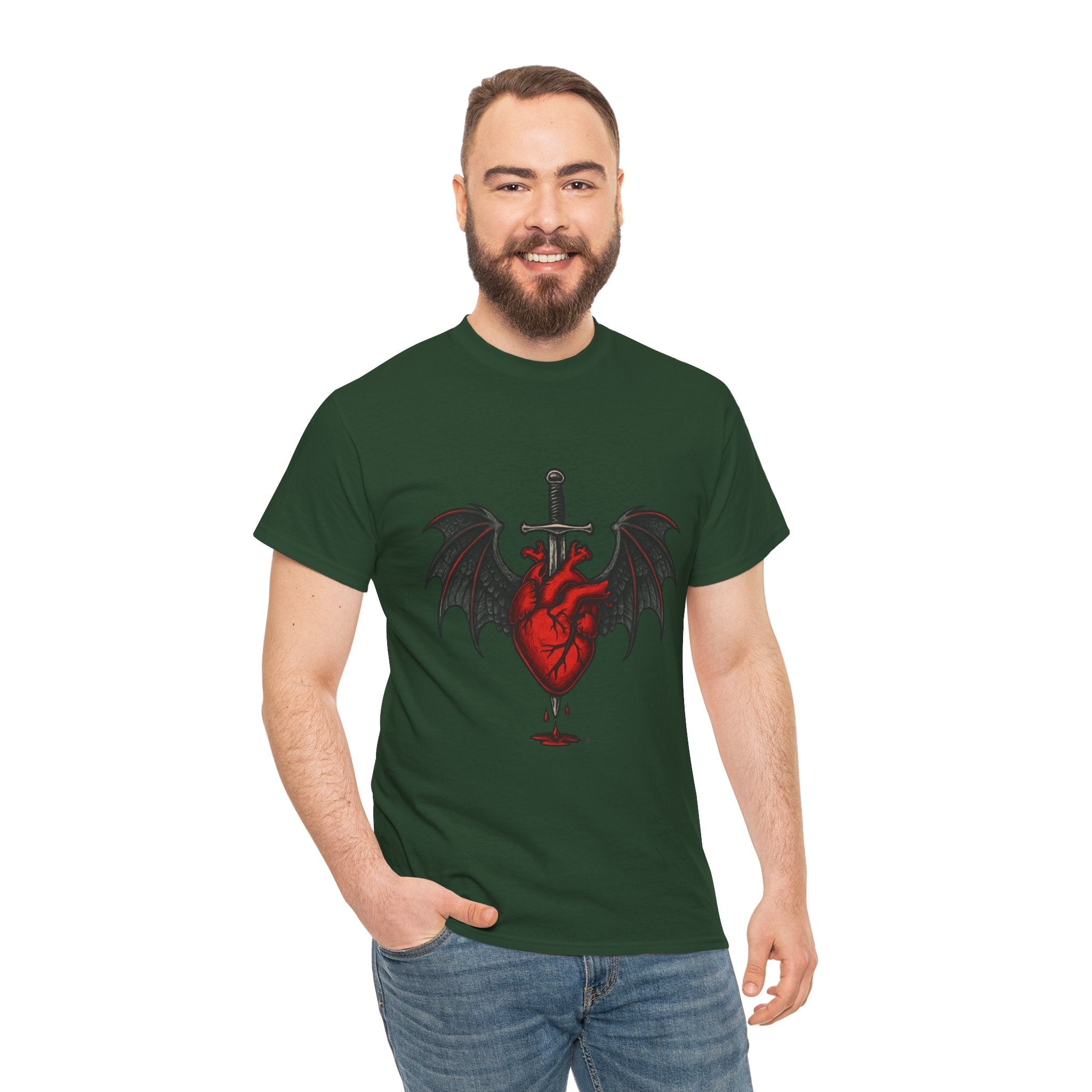 Dragon Heart and Sword Graphic Tee, Unisex Heavy Cotton Tee, Gothic T-Shirt, Alternative Fashion, Gift for Him/Her/Teens - Doylestreasures