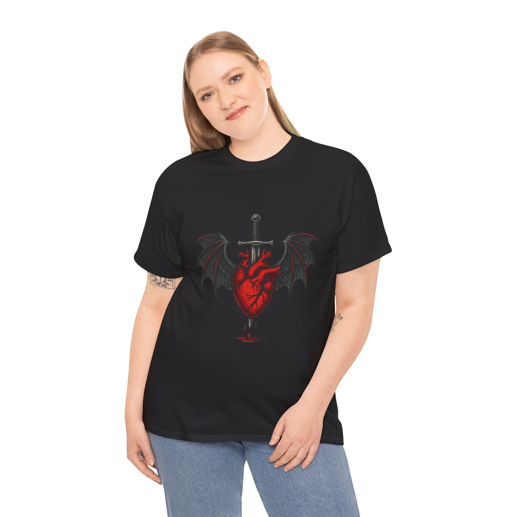 Dragon Heart and Sword Graphic Tee, Unisex Heavy Cotton Tee, Gothic T-Shirt, Alternative Fashion, Gift for Him/Her/Teens - Doylestreasures