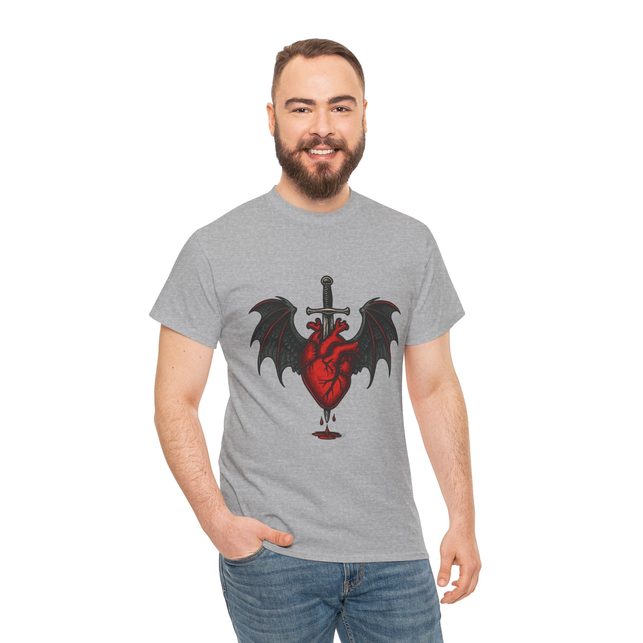 Dragon Heart and Sword Graphic Tee, Unisex Heavy Cotton Tee, Gothic T-Shirt, Alternative Fashion, Gift for Him/Her/Teens - Doylestreasures