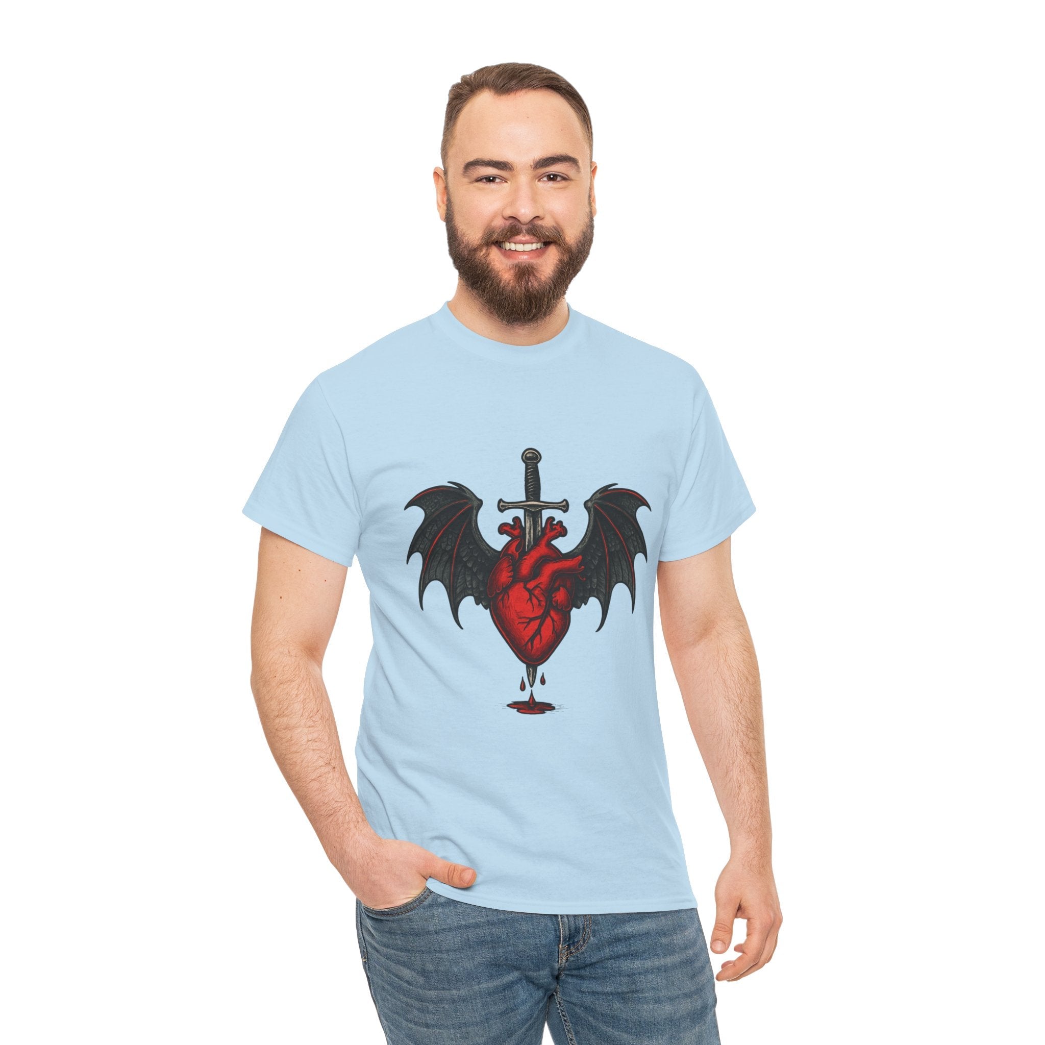 Dragon Heart and Sword Graphic Tee, Unisex Heavy Cotton Tee, Gothic T-Shirt, Alternative Fashion, Gift for Him/Her/Teens - Doylestreasures