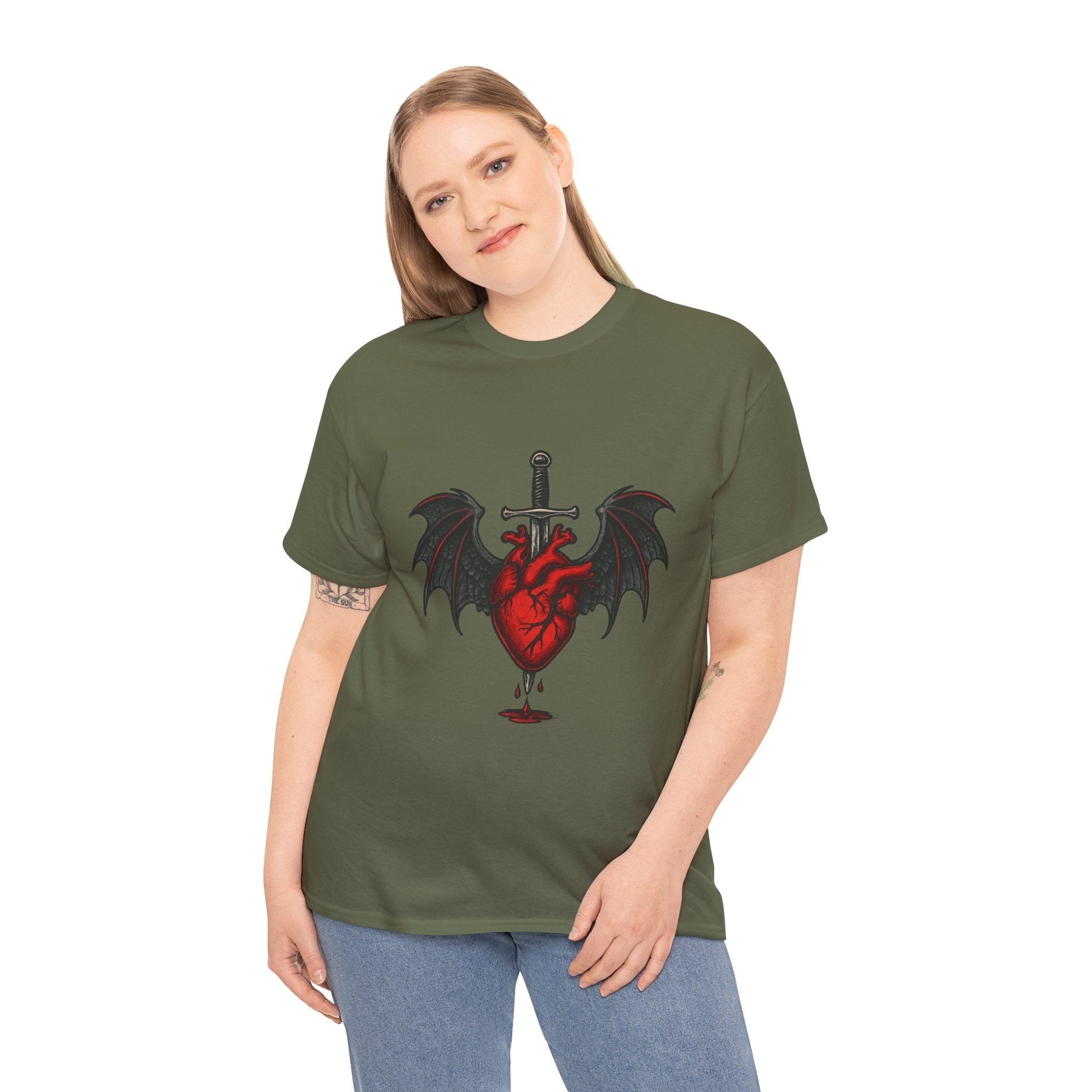 Dragon Heart and Sword Graphic Tee, Unisex Heavy Cotton Tee, Gothic T-Shirt, Alternative Fashion, Gift for Him/Her/Teens - Doylestreasures