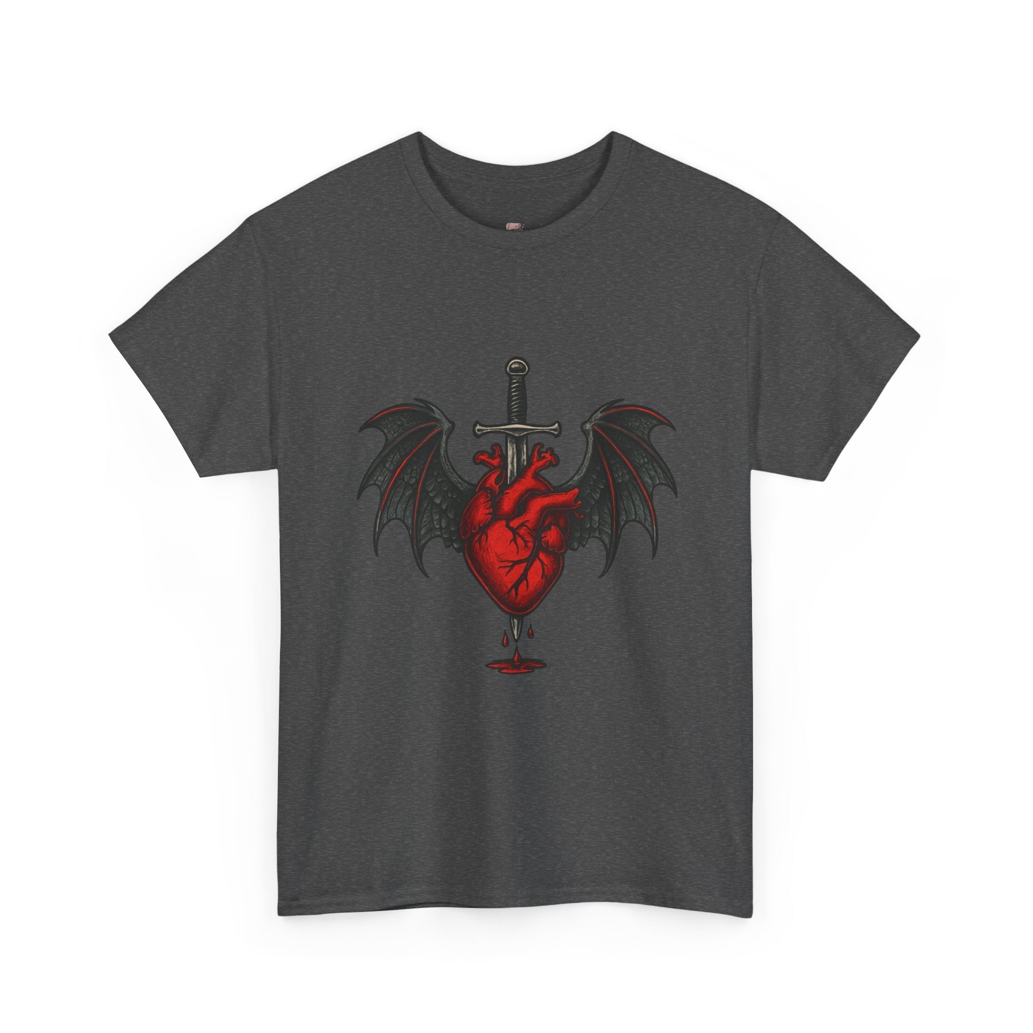 Dragon Heart and Sword Graphic Tee, Unisex Heavy Cotton Tee, Gothic T-Shirt, Alternative Fashion, Gift for Him/Her/Teens - Doylestreasures