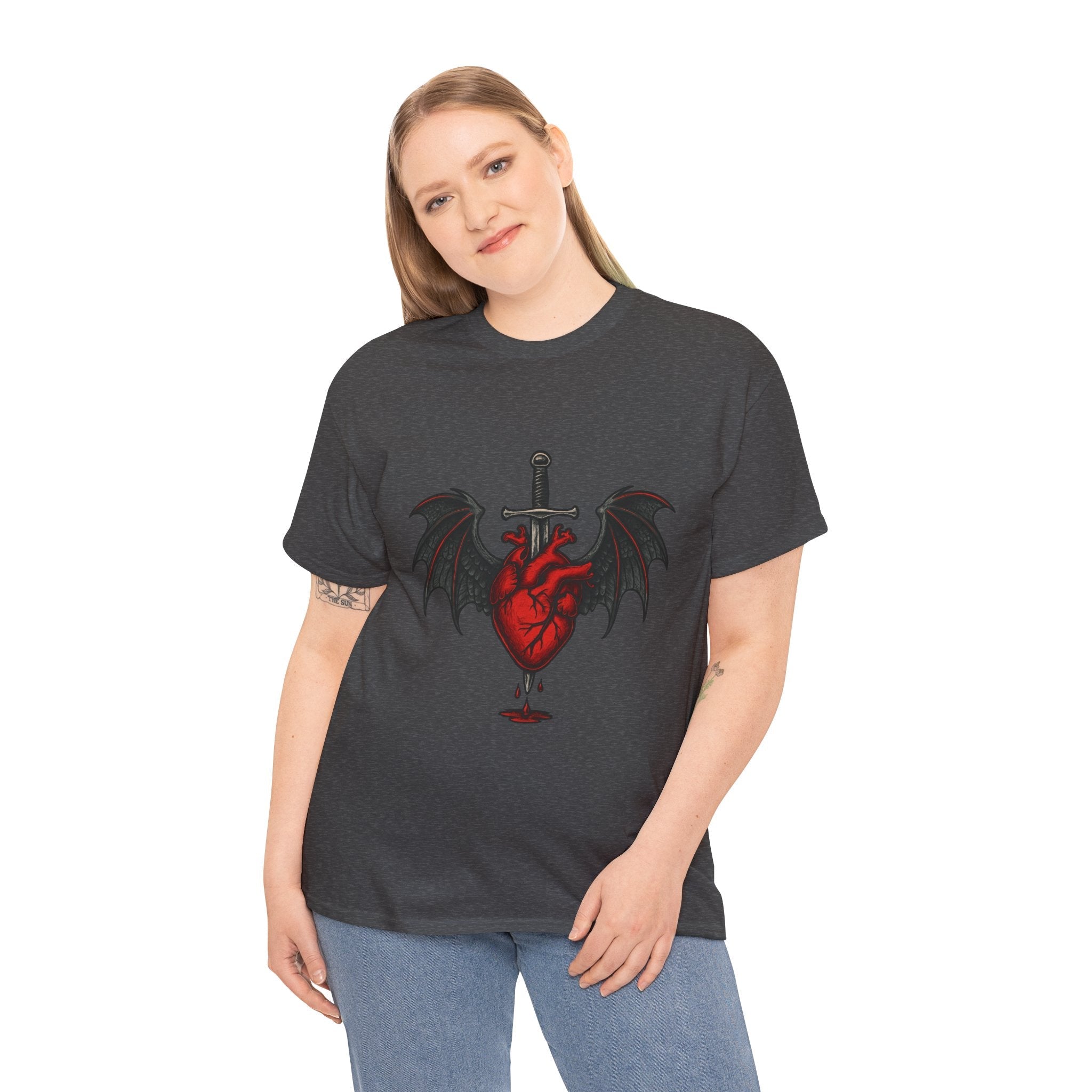 Dragon Heart and Sword Graphic Tee, Unisex Heavy Cotton Tee, Gothic T-Shirt, Alternative Fashion, Gift for Him/Her/Teens - Doylestreasures