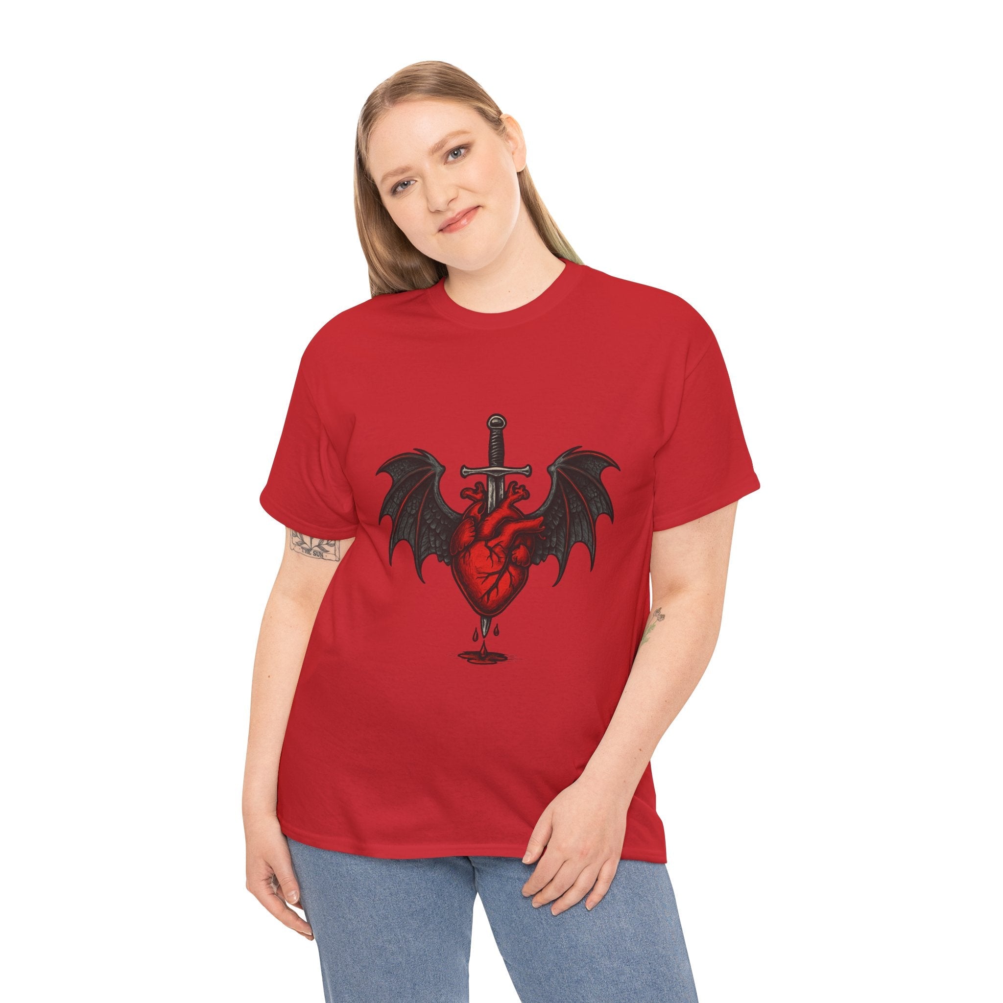 Dragon Heart and Sword Graphic Tee, Unisex Heavy Cotton Tee, Gothic T-Shirt, Alternative Fashion, Gift for Him/Her/Teens - Doylestreasures