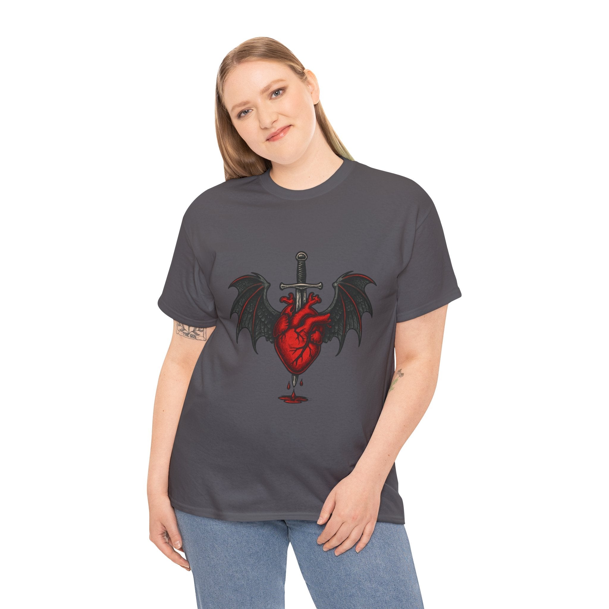 Dragon Heart and Sword Graphic Tee, Unisex Heavy Cotton Tee, Gothic T-Shirt, Alternative Fashion, Gift for Him/Her/Teens - Doylestreasures