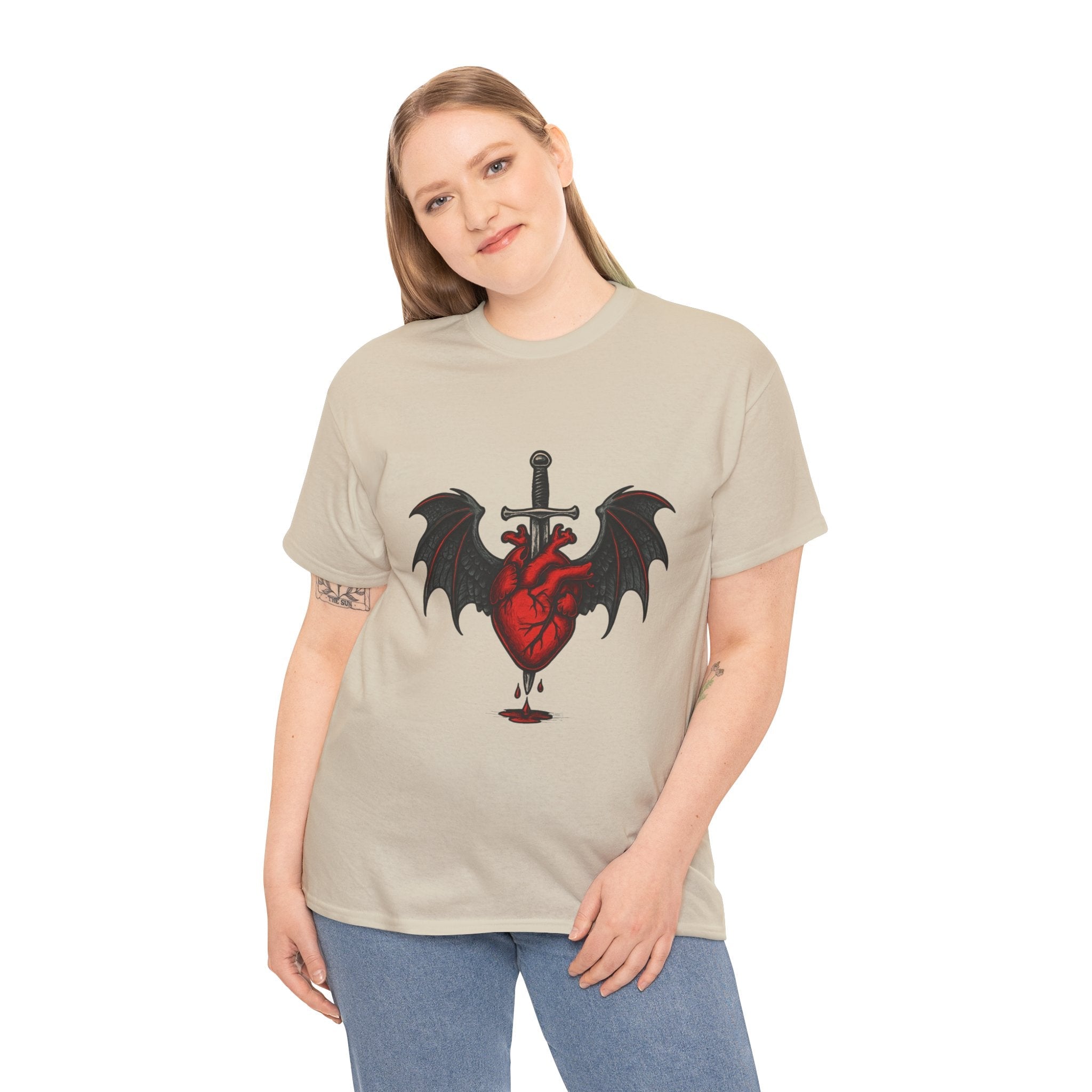 Dragon Heart and Sword Graphic Tee, Unisex Heavy Cotton Tee, Gothic T-Shirt, Alternative Fashion, Gift for Him/Her/Teens - Doylestreasures