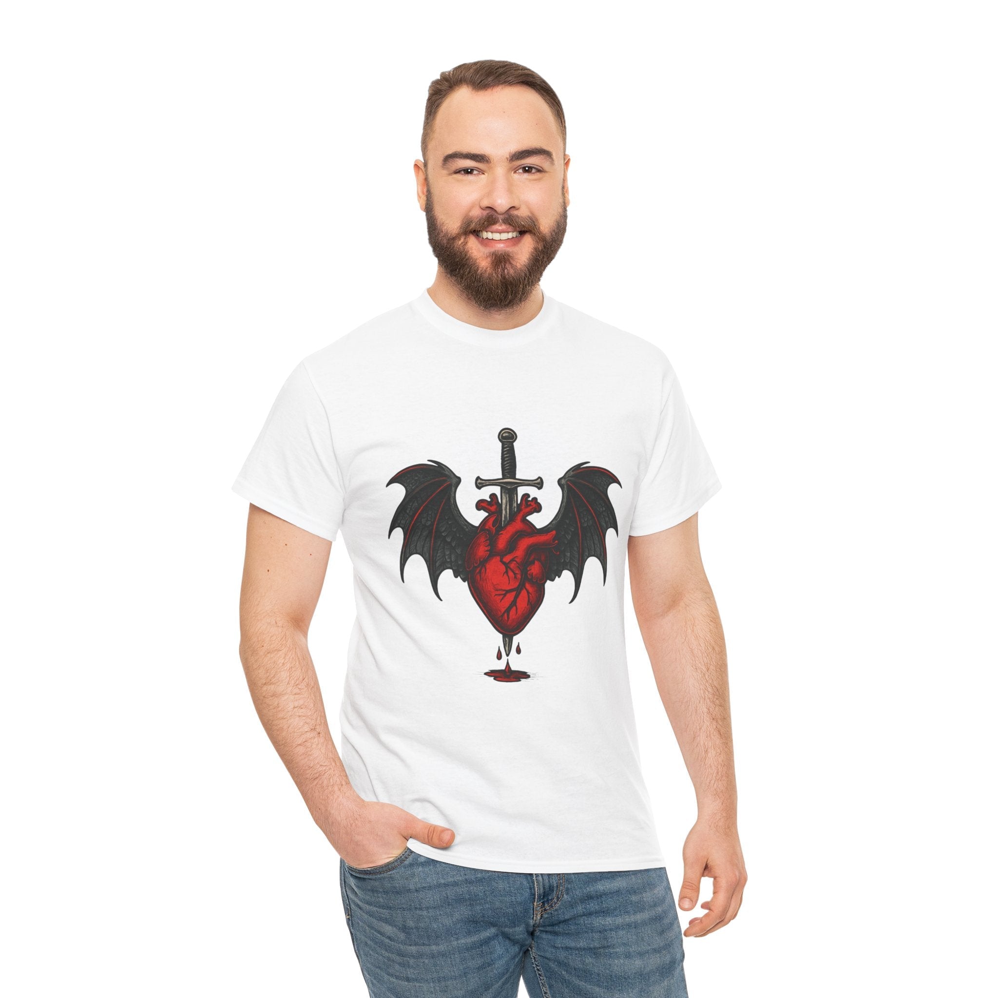 Dragon Heart and Sword Graphic Tee, Unisex Heavy Cotton Tee, Gothic T-Shirt, Alternative Fashion, Gift for Him/Her/Teens - Doylestreasures