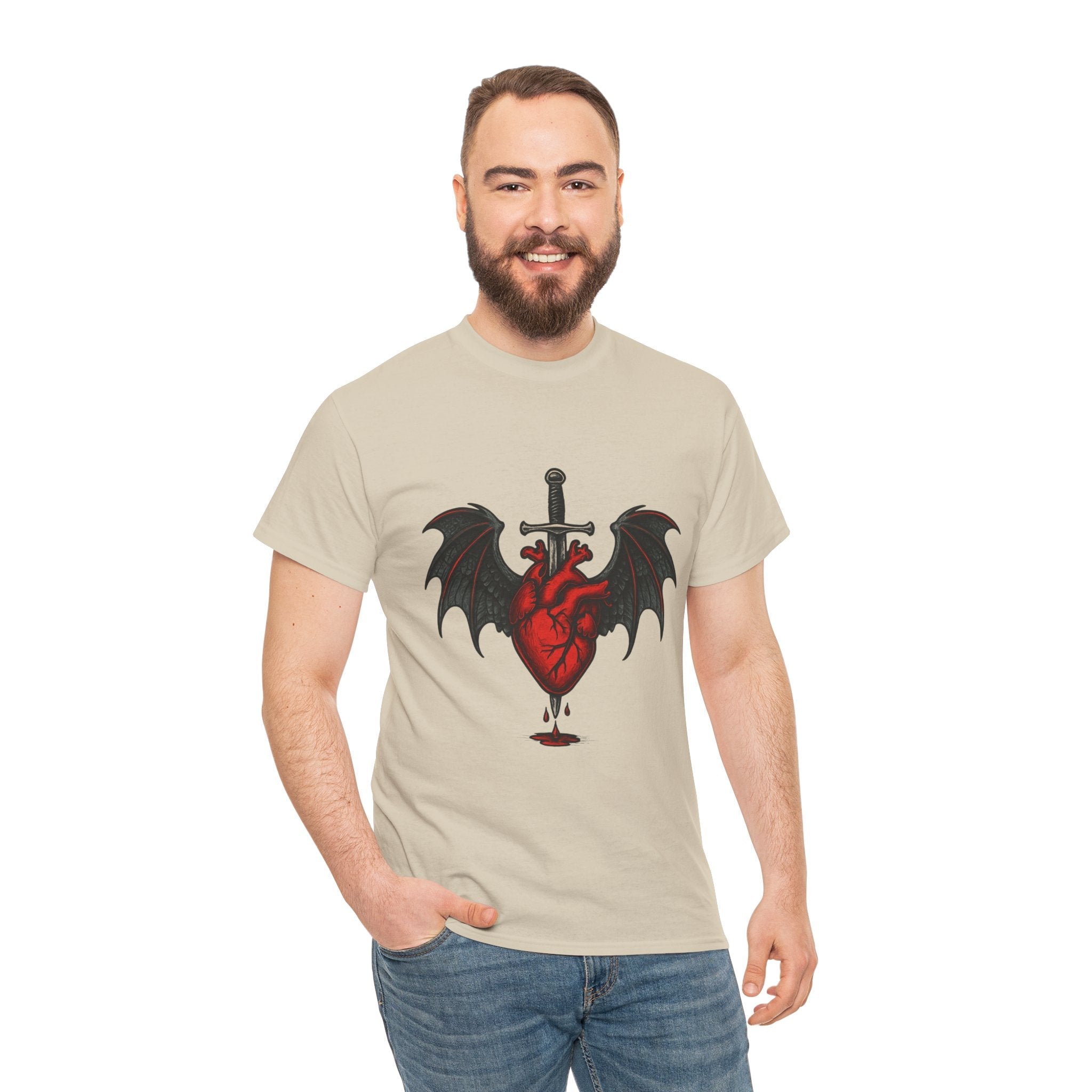 Dragon Heart and Sword Graphic Tee, Unisex Heavy Cotton Tee, Gothic T-Shirt, Alternative Fashion, Gift for Him/Her/Teens - Doylestreasures