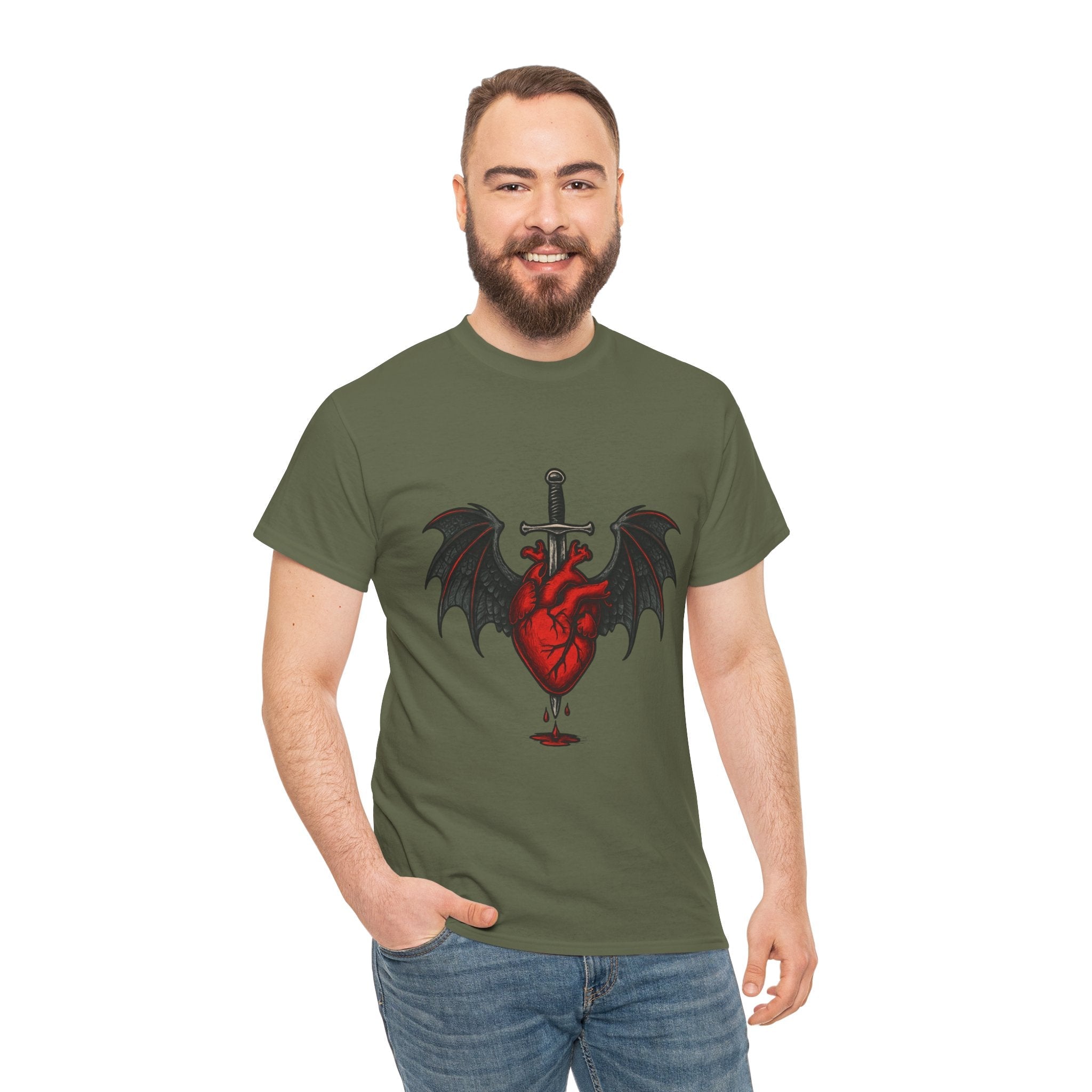 Dragon Heart and Sword Graphic Tee, Unisex Heavy Cotton Tee, Gothic T-Shirt, Alternative Fashion, Gift for Him/Her/Teens - Doylestreasures
