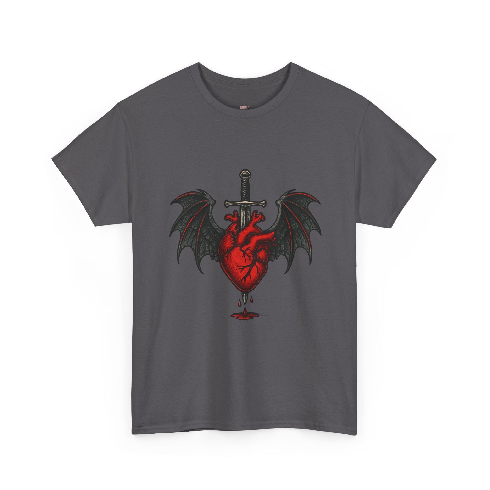 Dragon Heart and Sword Graphic Tee, Unisex Heavy Cotton Tee, Gothic T-Shirt, Alternative Fashion, Gift for Him/Her/Teens - Doylestreasures