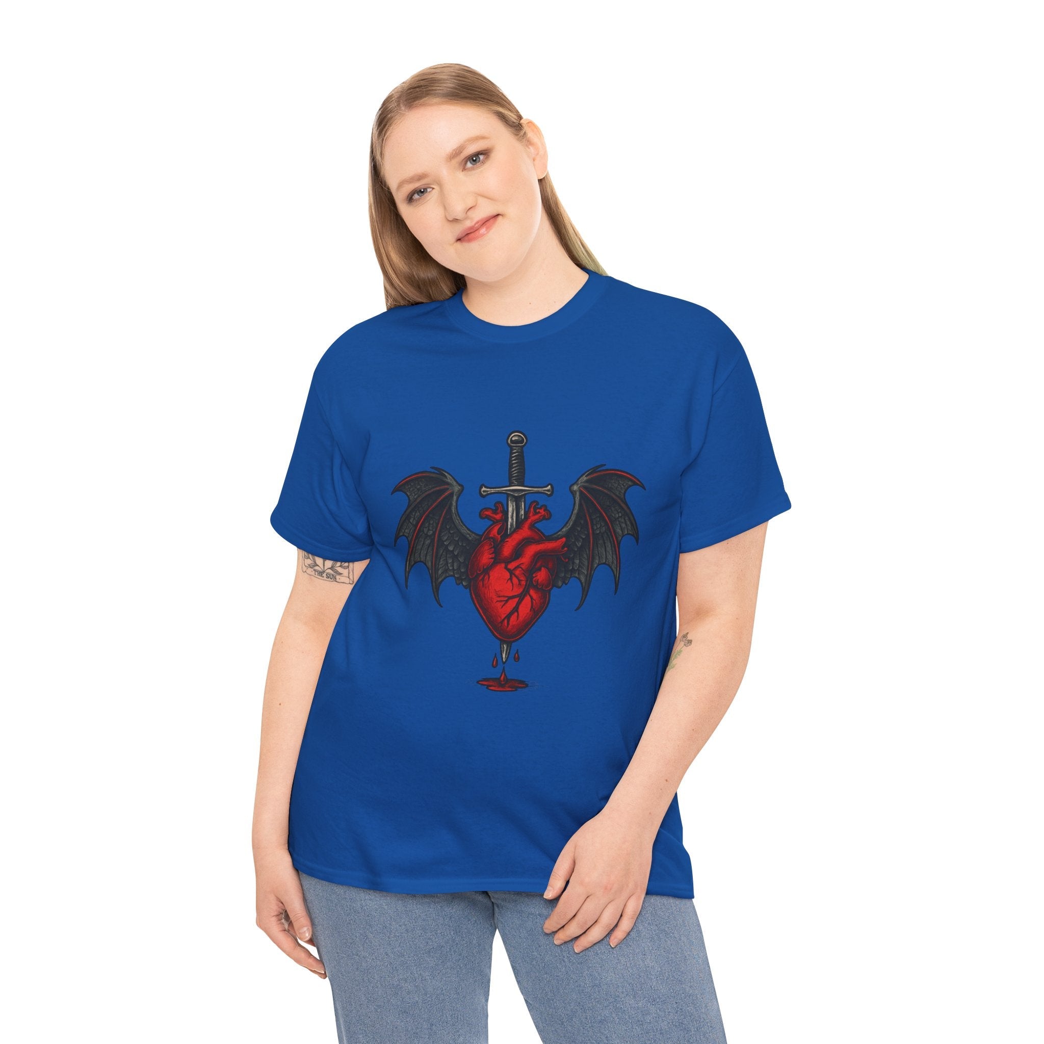 Dragon Heart and Sword Graphic Tee, Unisex Heavy Cotton Tee, Gothic T-Shirt, Alternative Fashion, Gift for Him/Her/Teens - Doylestreasures