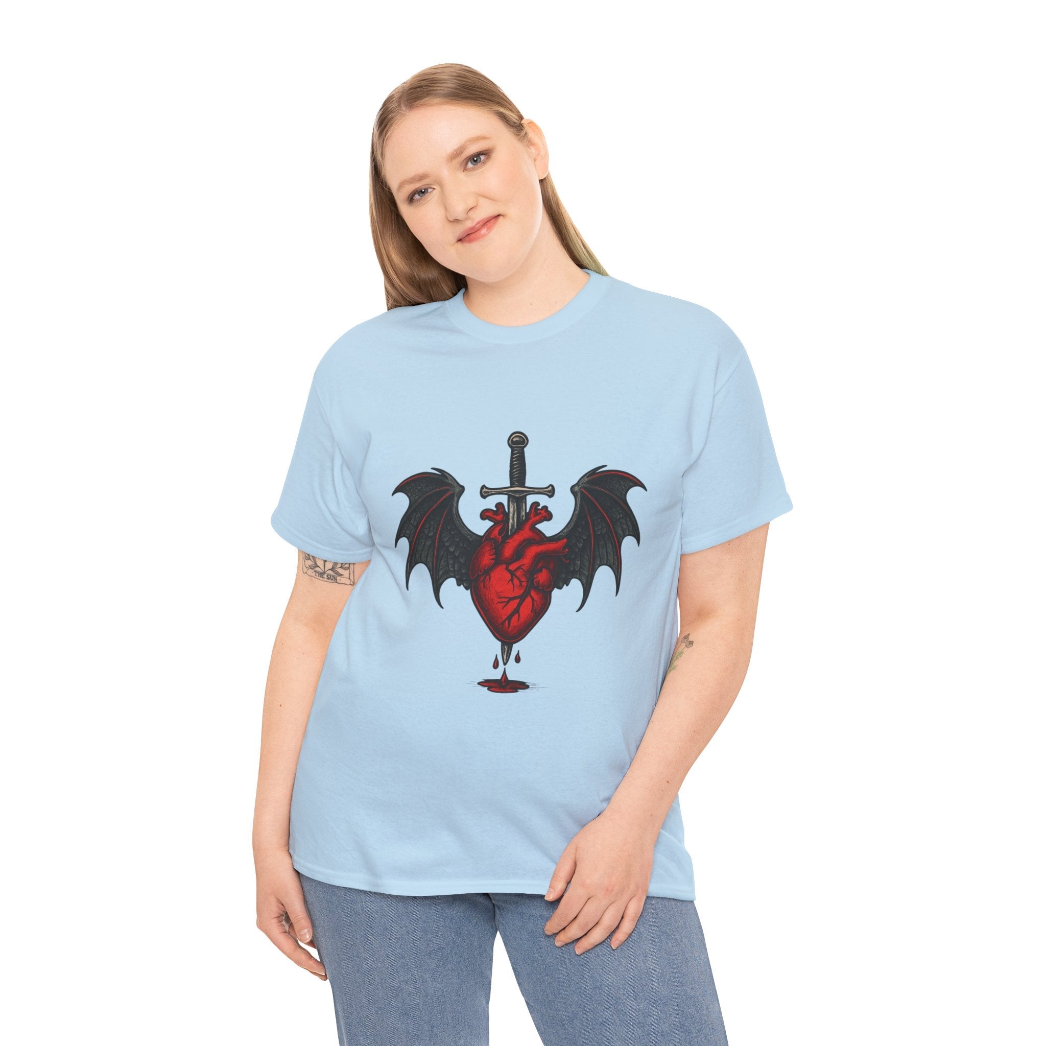 Dragon Heart and Sword Graphic Tee, Unisex Heavy Cotton Tee, Gothic T-Shirt, Alternative Fashion, Gift for Him/Her/Teens - Doylestreasures