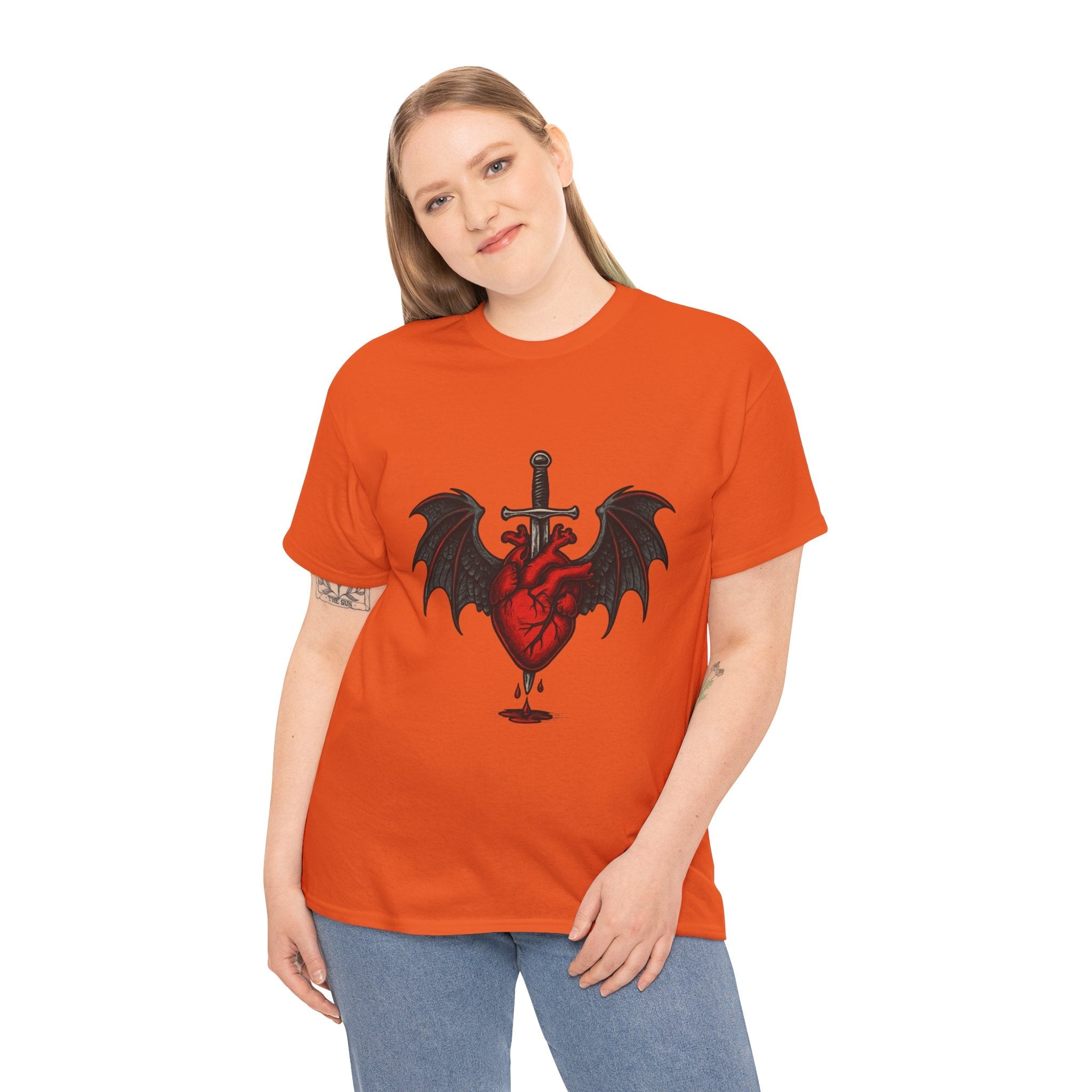Dragon Heart and Sword Graphic Tee, Unisex Heavy Cotton Tee, Gothic T-Shirt, Alternative Fashion, Gift for Him/Her/Teens - Doylestreasures