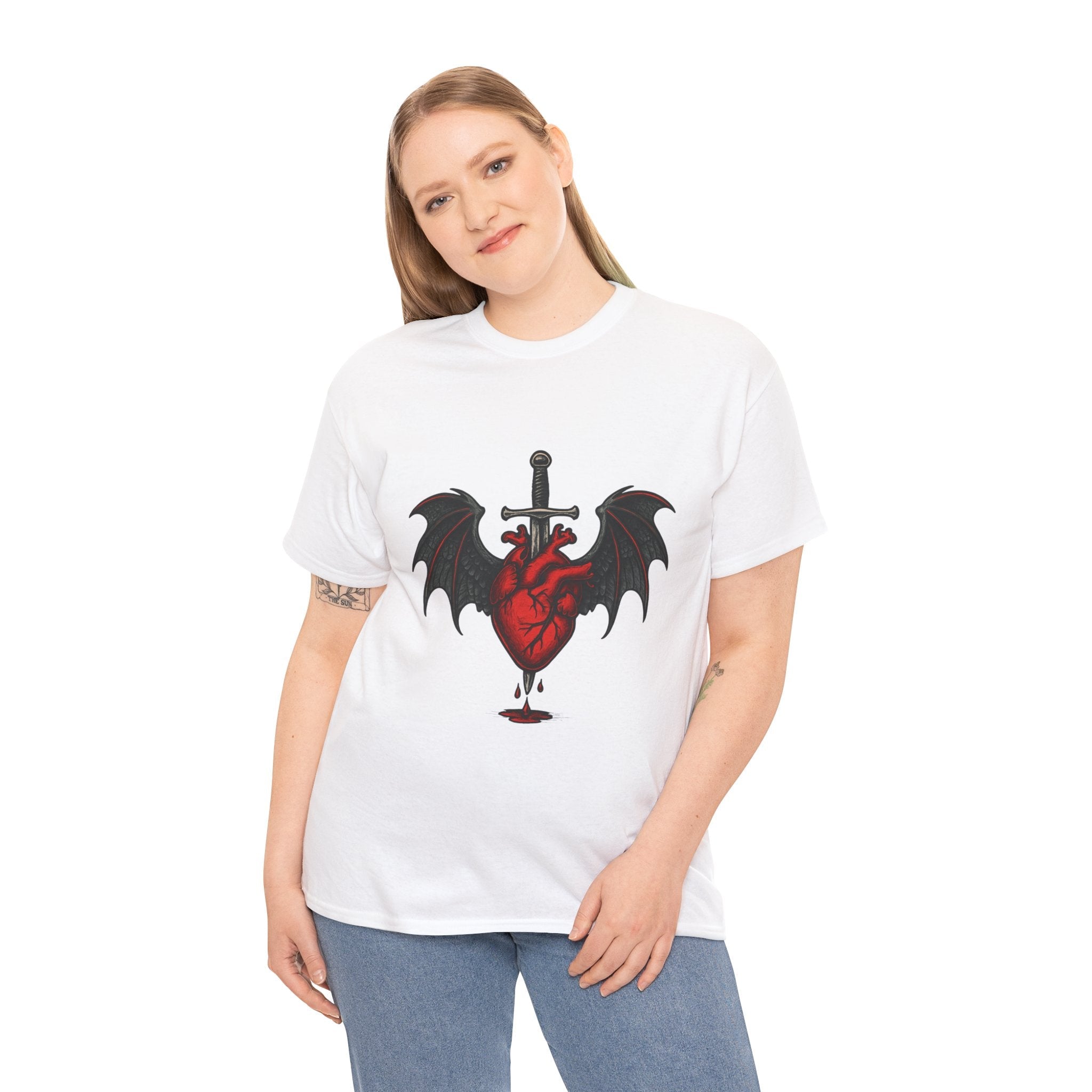 Dragon Heart and Sword Graphic Tee, Unisex Heavy Cotton Tee, Gothic T-Shirt, Alternative Fashion, Gift for Him/Her/Teens - Doylestreasures