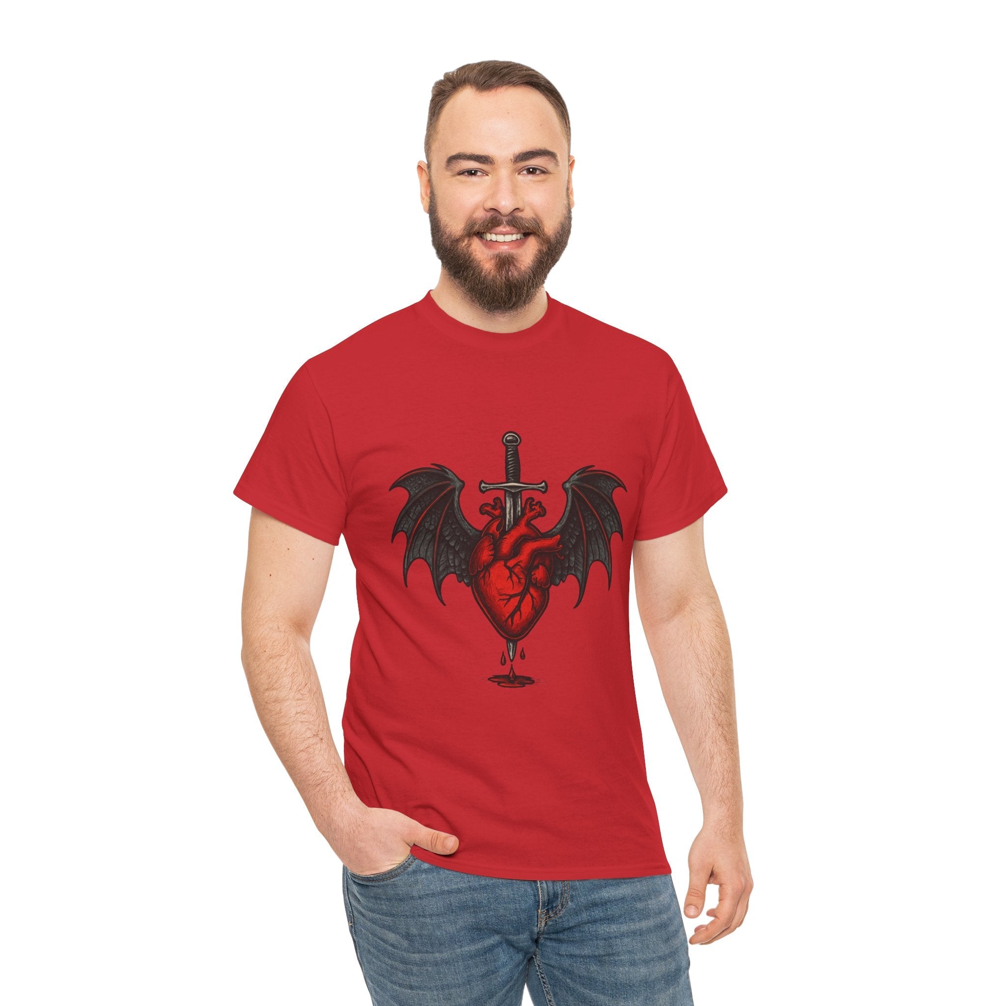 Dragon Heart and Sword Graphic Tee, Unisex Heavy Cotton Tee, Gothic T-Shirt, Alternative Fashion, Gift for Him/Her/Teens - Doylestreasures