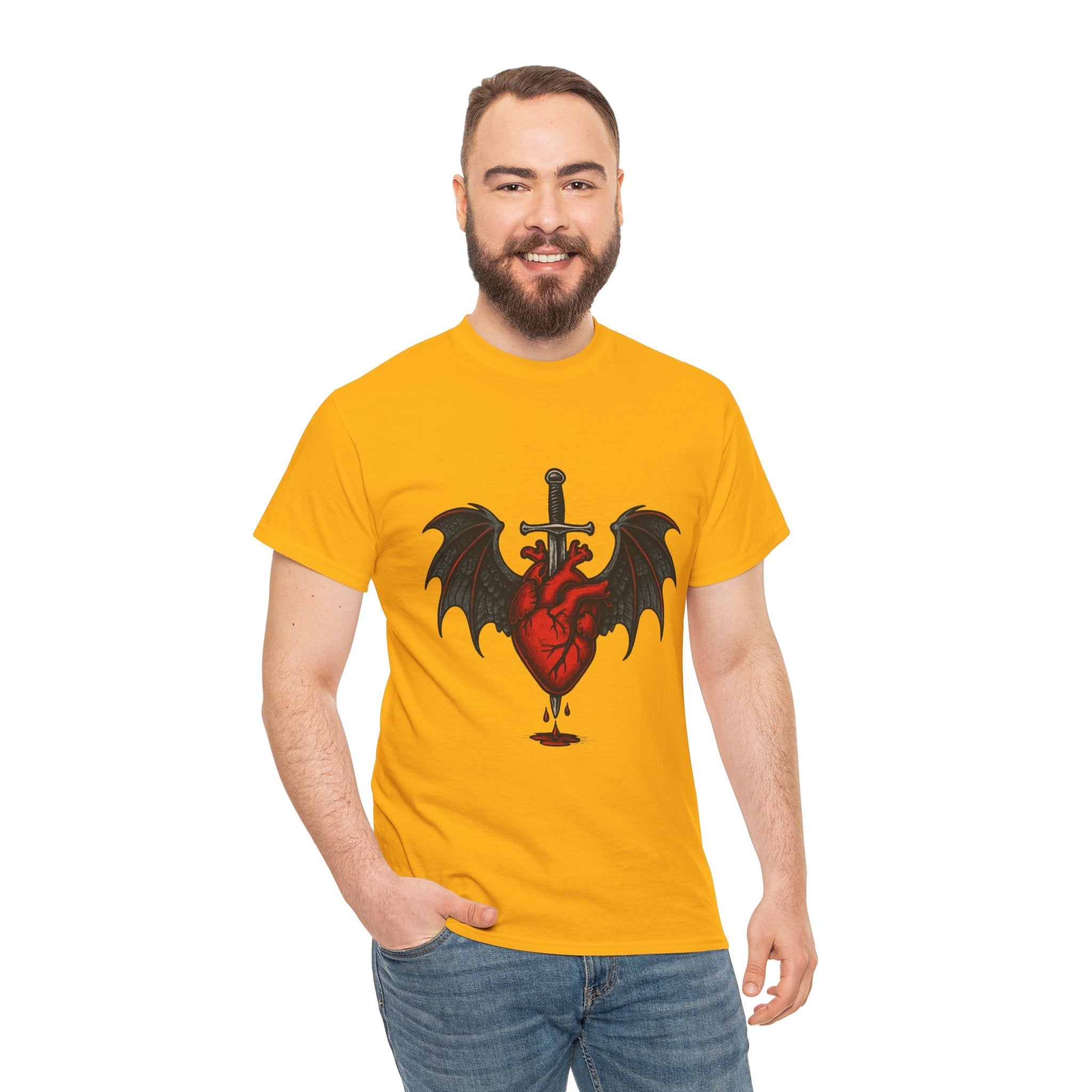 Dragon Heart and Sword Graphic Tee, Unisex Heavy Cotton Tee, Gothic T-Shirt, Alternative Fashion, Gift for Him/Her/Teens - Doylestreasures
