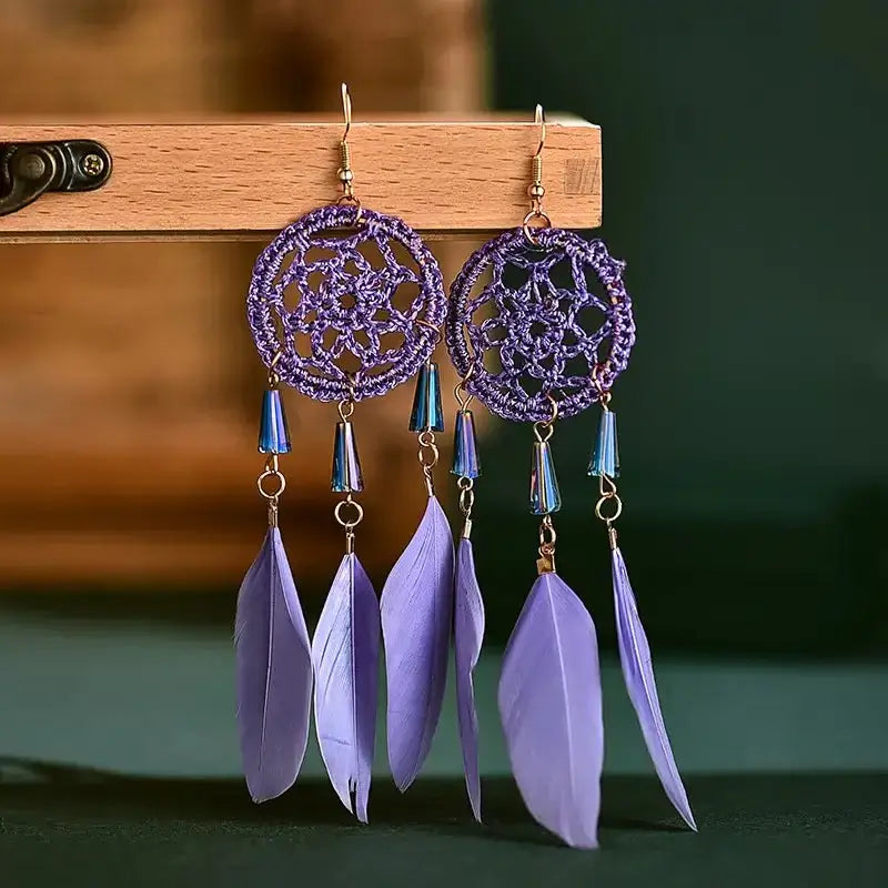 Dreamcatcher Shape Pendant Earrings with Feather Tassel Hook Earrings - Doylestreasures